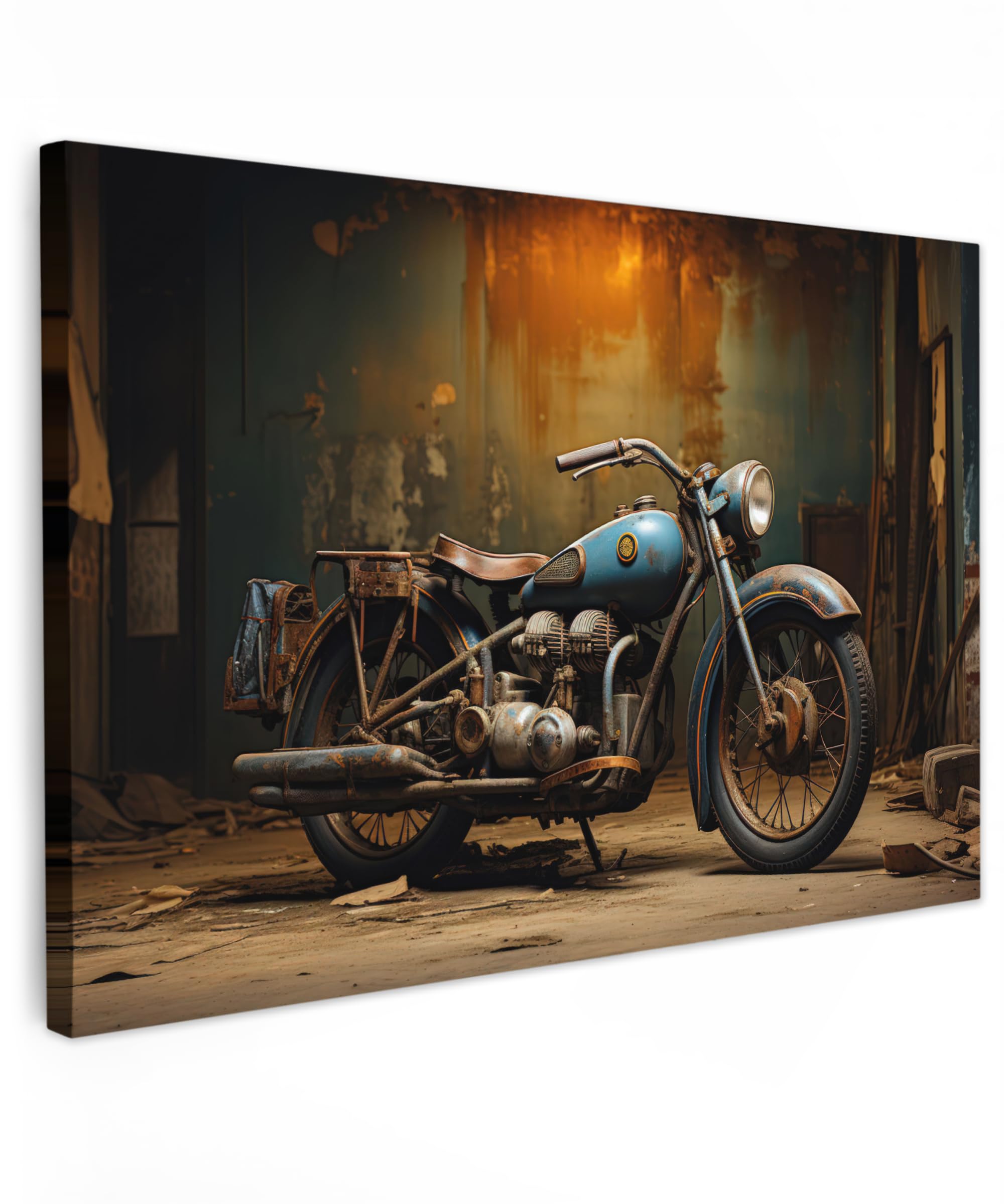 MuchoWow© Bilder Groß 120x80 cm XXL Wohnzimmer Deko Modern Wandbild Foto auf Leinwand Bild Schlafzimmer Room Decor Geschenke Vintage - Motor - Blau - Alt - Garage