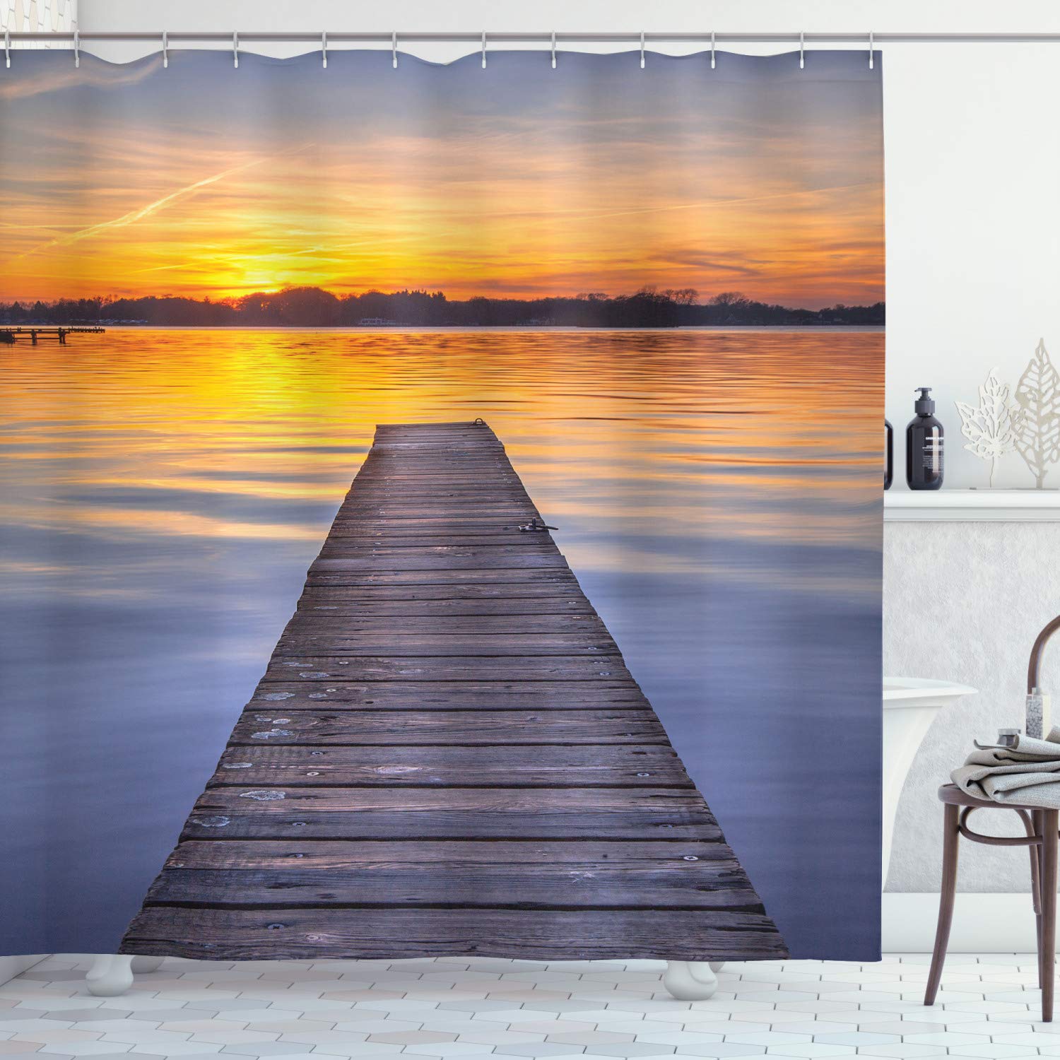 ABAKUHAUS Lake Shower Curtain, Summer Sunset over Serene Water of Lake Paterwoldsemeer with Wooden Jetty