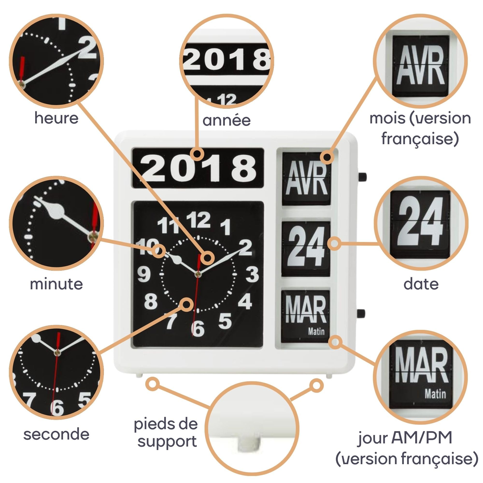 Perel Horloge carrée avec Calendrier à Bascule, idéale pour Les malvoyants et Les Personnes atteintes d'Alzheimer ou de démence, analogique, 31 x 31 cm, Blanc/Noir, Version française