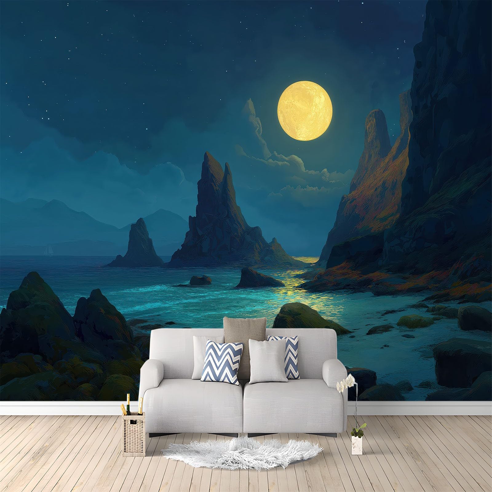 Carta da parati Fogli 350 x 256 cm Fantasia Oceano Montagne Fotomurali in TNT Murale alla moda Decorazione da Muro XXL Poster Gigante Camera Meditazione Carta per pareti Camera da Letto, Nero