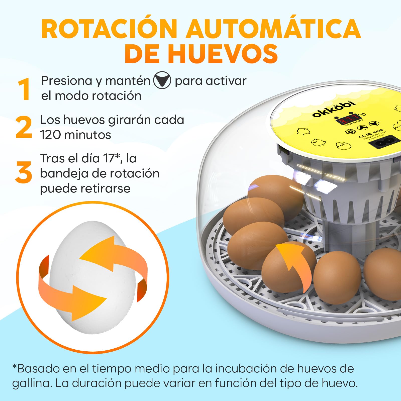 Okkobi M12 - Incubadora Huevos Gallina Automática - Volteo Automático y Control de Humedad - 12/24 huevos, Vista 360°, fácil de usar y limpiar - Chocadeira Ovos Automática - Blanco y amarillo