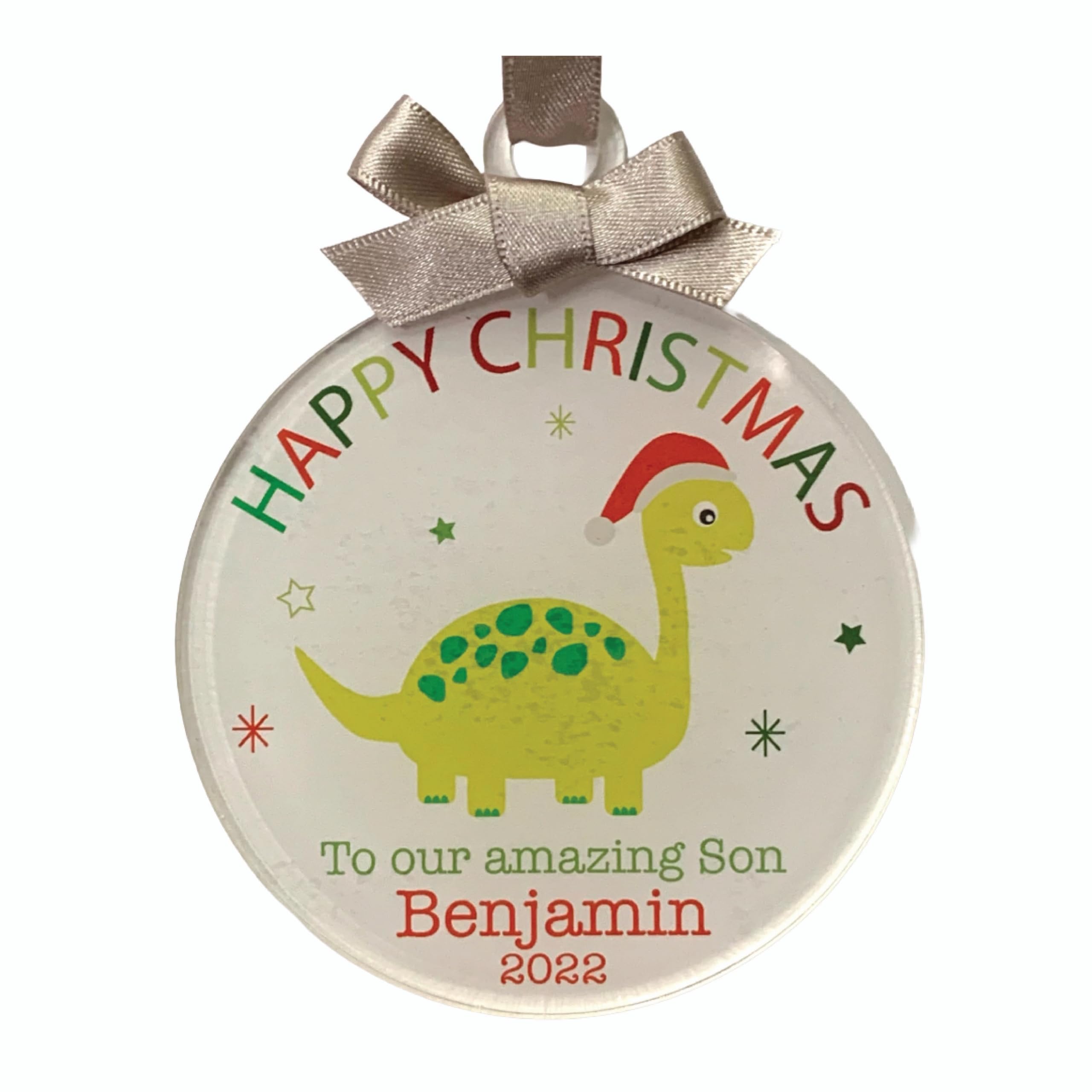 Dinosaur Christmas Bauble Personalised Decoration Ornament (Dinosaur 2, Silver Ribbon)