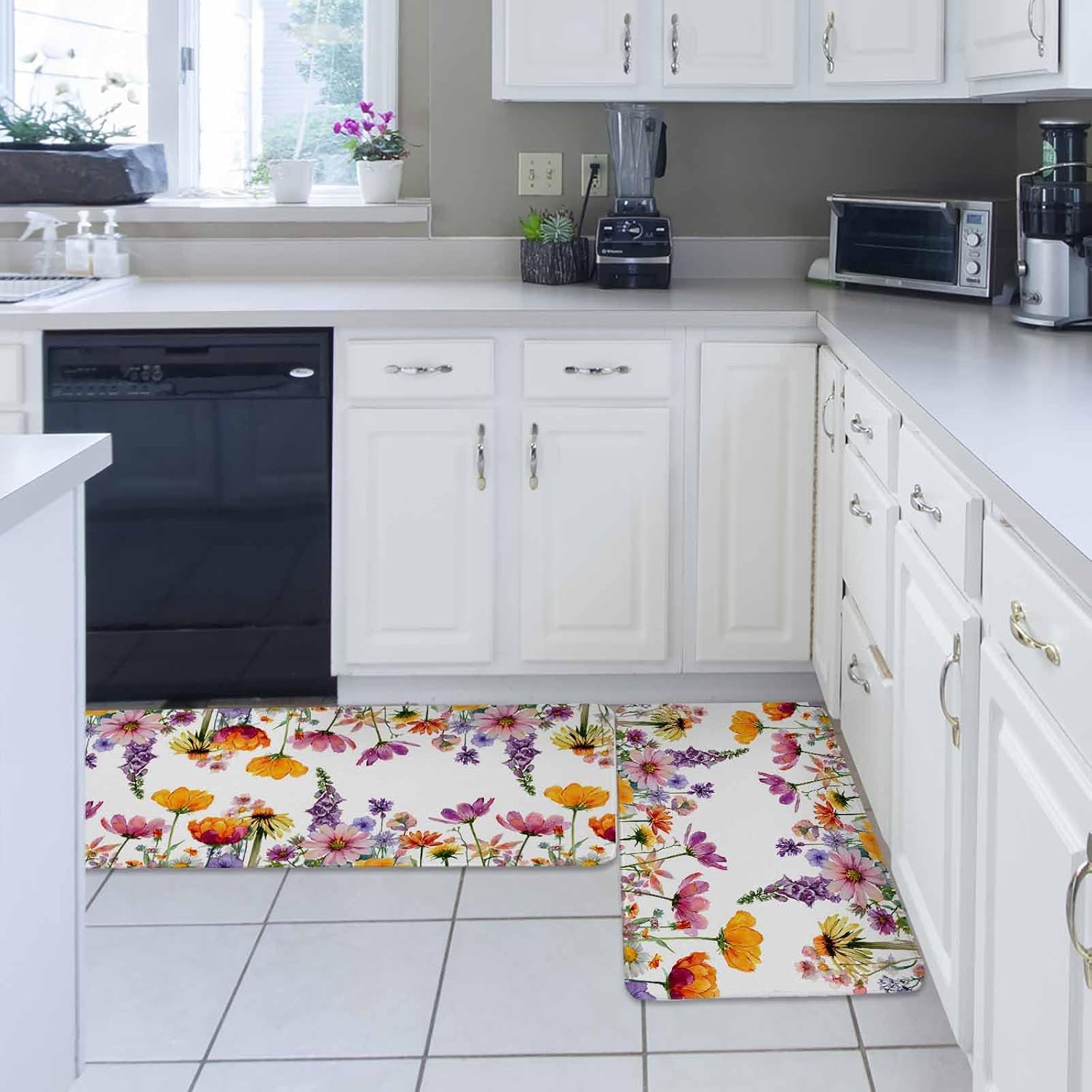 Pink Flowers Kitchen Rugs and Mats Set of 2, Non-Slip Kitchen Sink Mat, Elegant Spring Floral Pastoral Watercolor Washable Doormat Bathroom Rugs Runner for Bedroom/Living Room 19.7"x31.5"+19.7"x63"