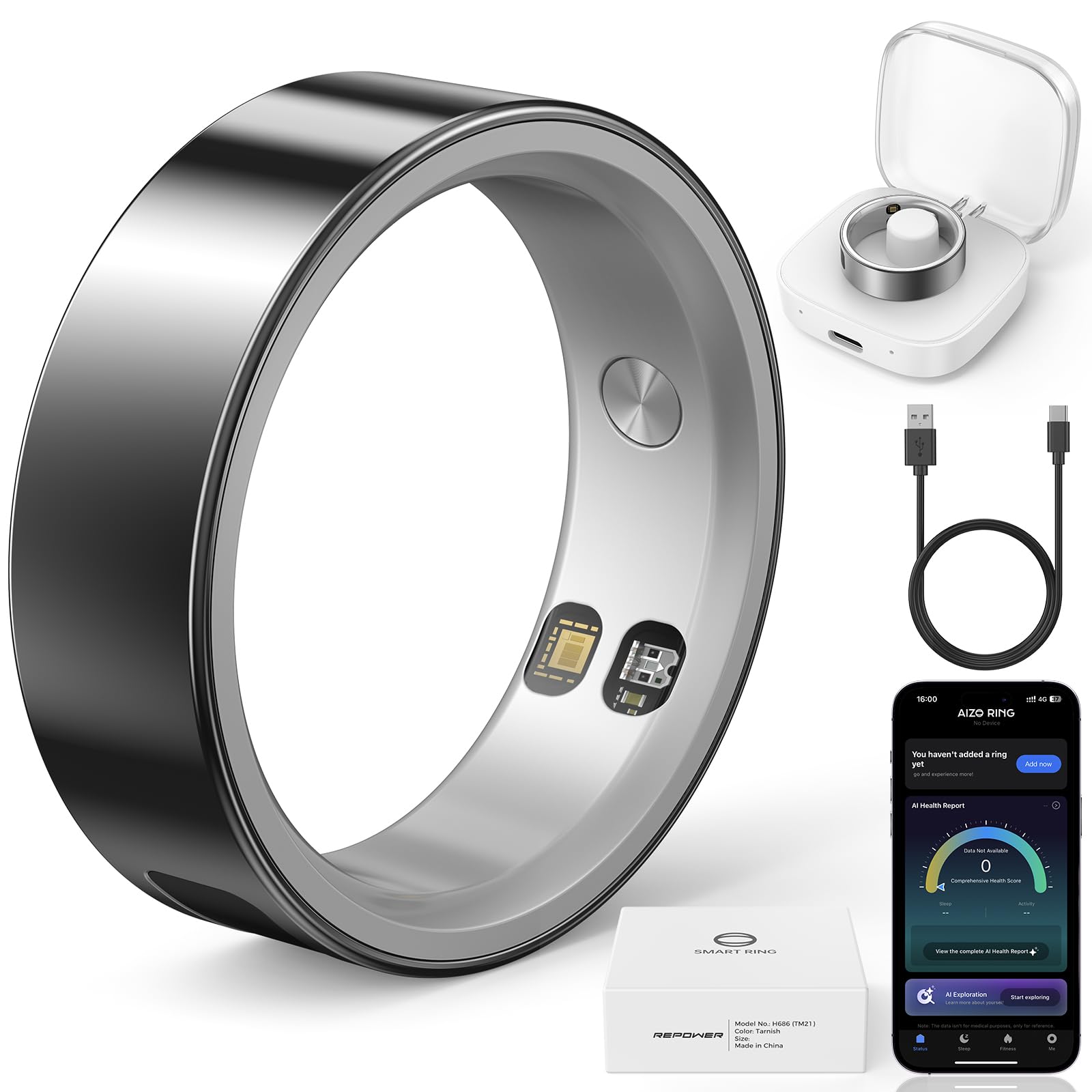 REPOWER Smartringe für Damen Herren, 24/7 Aktivitätstracking, Fitness Tracking Ring mit Schlafüberwachung, Blutsauerstoff und Herzfrequenz, Android/iOS kompatibel, Silber
