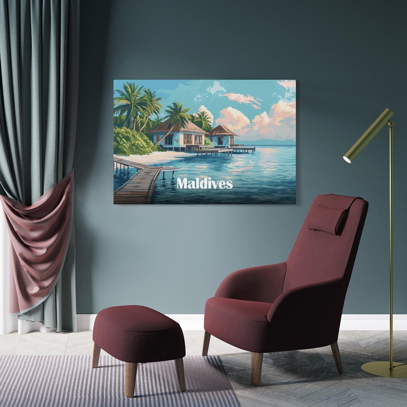 Junmoney Maldives Beach Houses Room Decor Wall Art, 20x30inch(50x75cm), for Entrance Walls, Hall Decor Or Foyers, A Neat Decor Update for Hallways