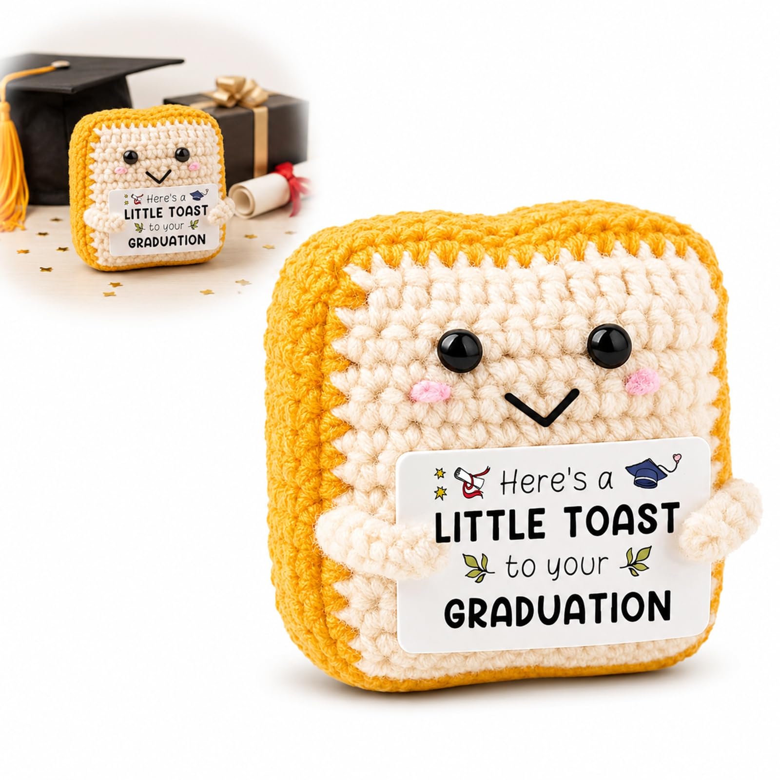 Graduation Crochet Toast Keepsake - Handmade Toast Decoration with Congratulations Card, Cute Desk and Shelf Ornament for University Masters and PhD Celebration