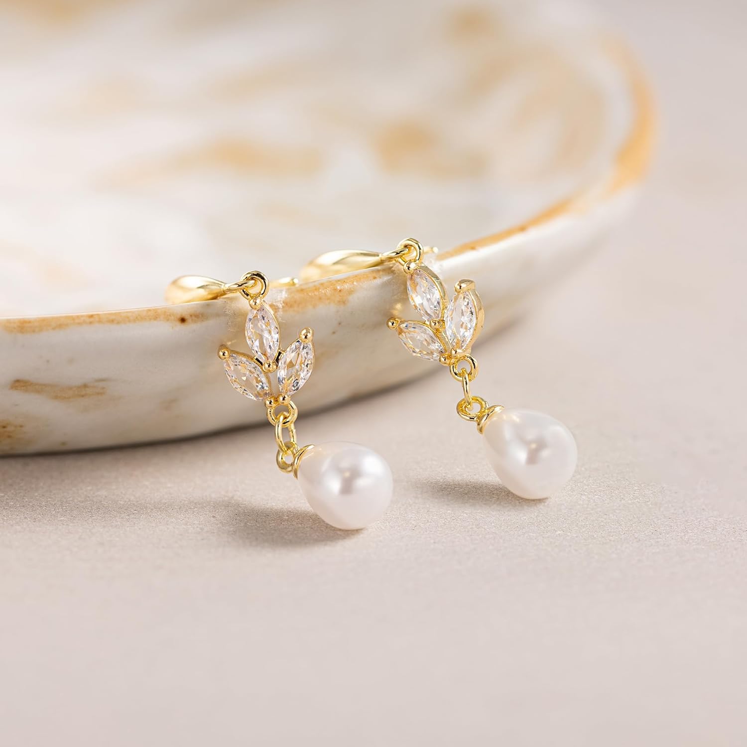 HANLI Pearl Dangle Earrings for Women - 14K Gold Plated Dainty Cubic Zirconia Pearl Drop Wedding Stud Earrings for Brides Bridal Jewelry - Image 7