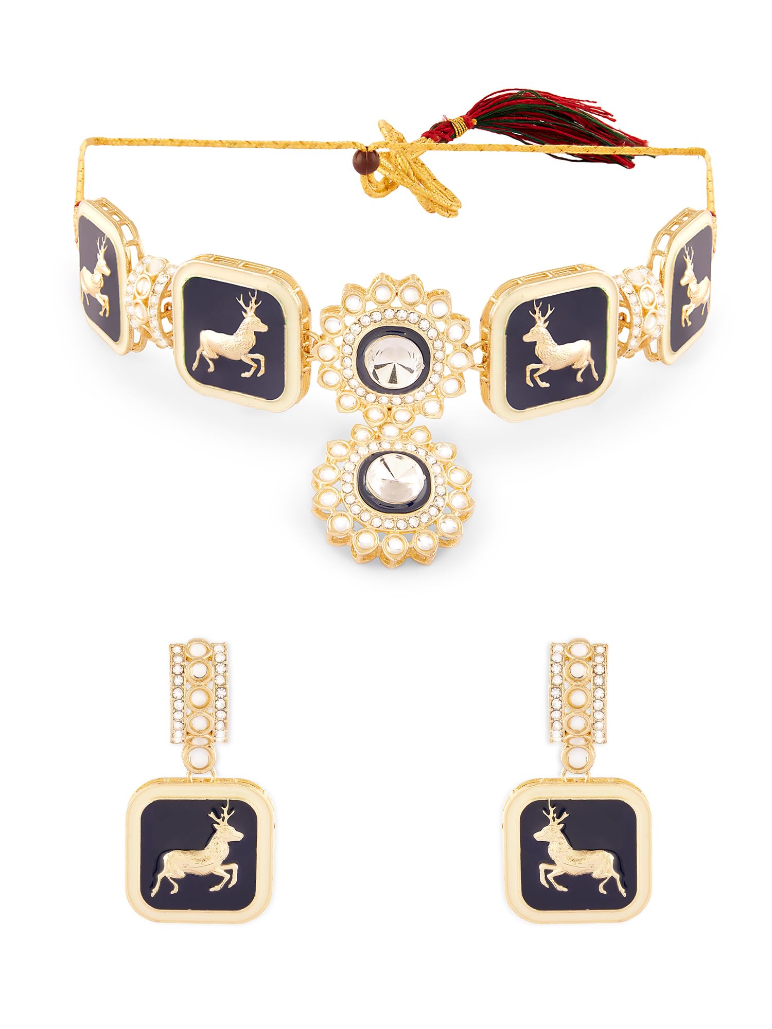 ZAVERI PEARLS Navy Blue & Off White Meenakari Reindeer Choker Necklace & Earring Set For Women-ZPFK18081 (B0D3D9P2RQ) Amazon Price History, Amazon Price Tracker