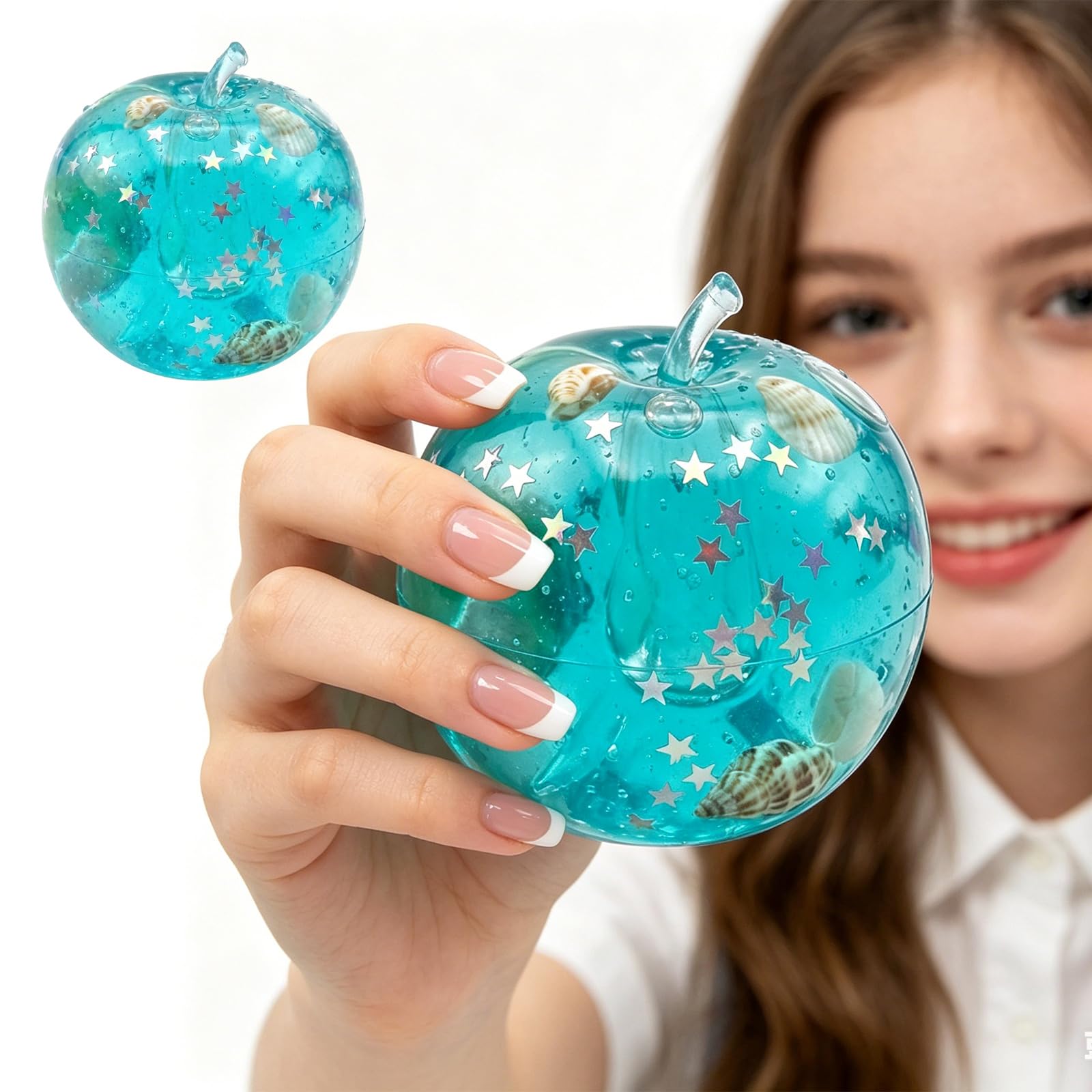 Squishy Cube, Ice Cube Stress Ball Fidget Toy, Ocean Shells Inside Sensory Stress Relief Toys for Adults Teens Classroom Prizes (apple) — image 1