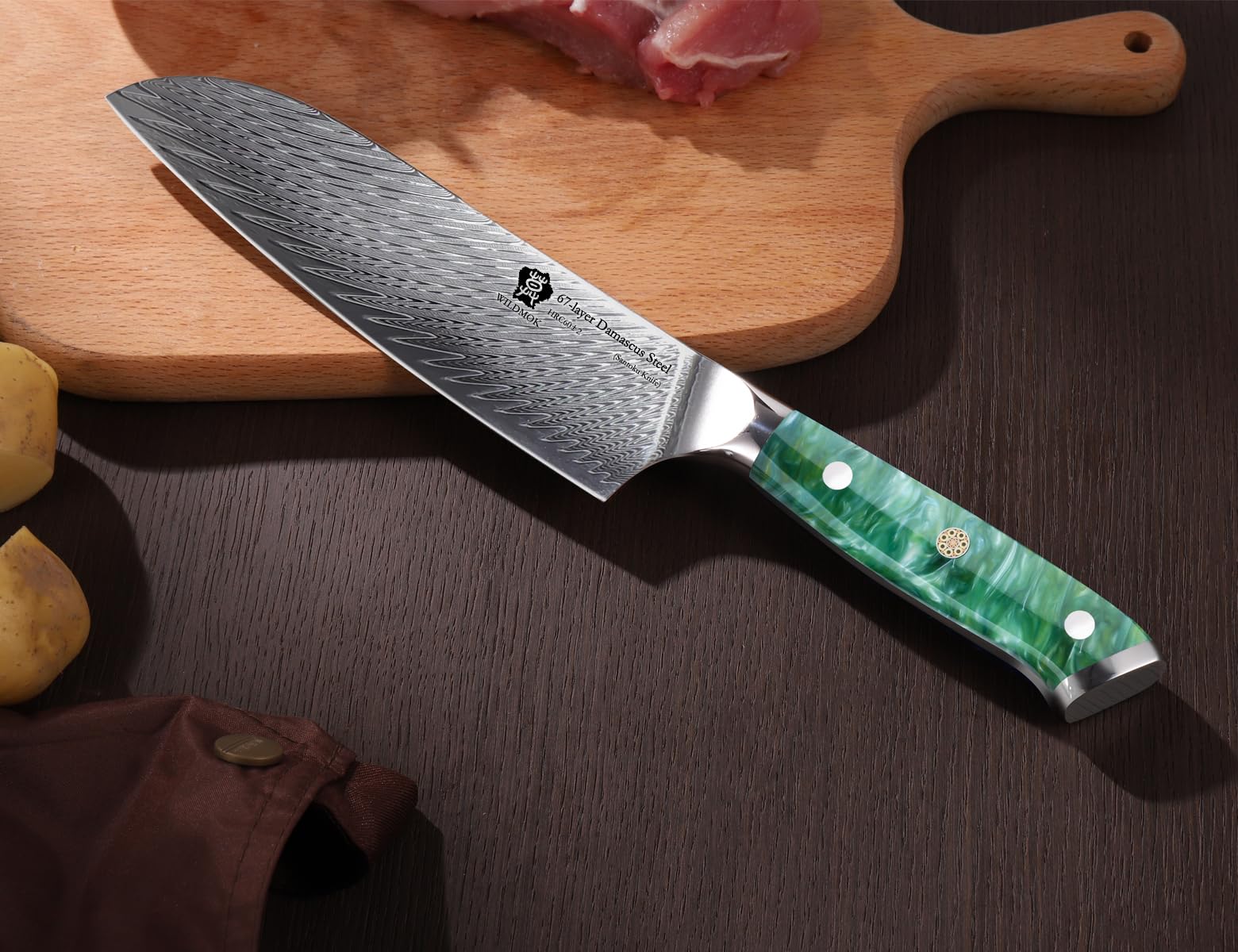 WILDMOK Cuchillo de chef japonés 17,8 cm, Santoku de acero Damasco VG10, cortador de cocina de carne con mango ergonómico de seda completa
