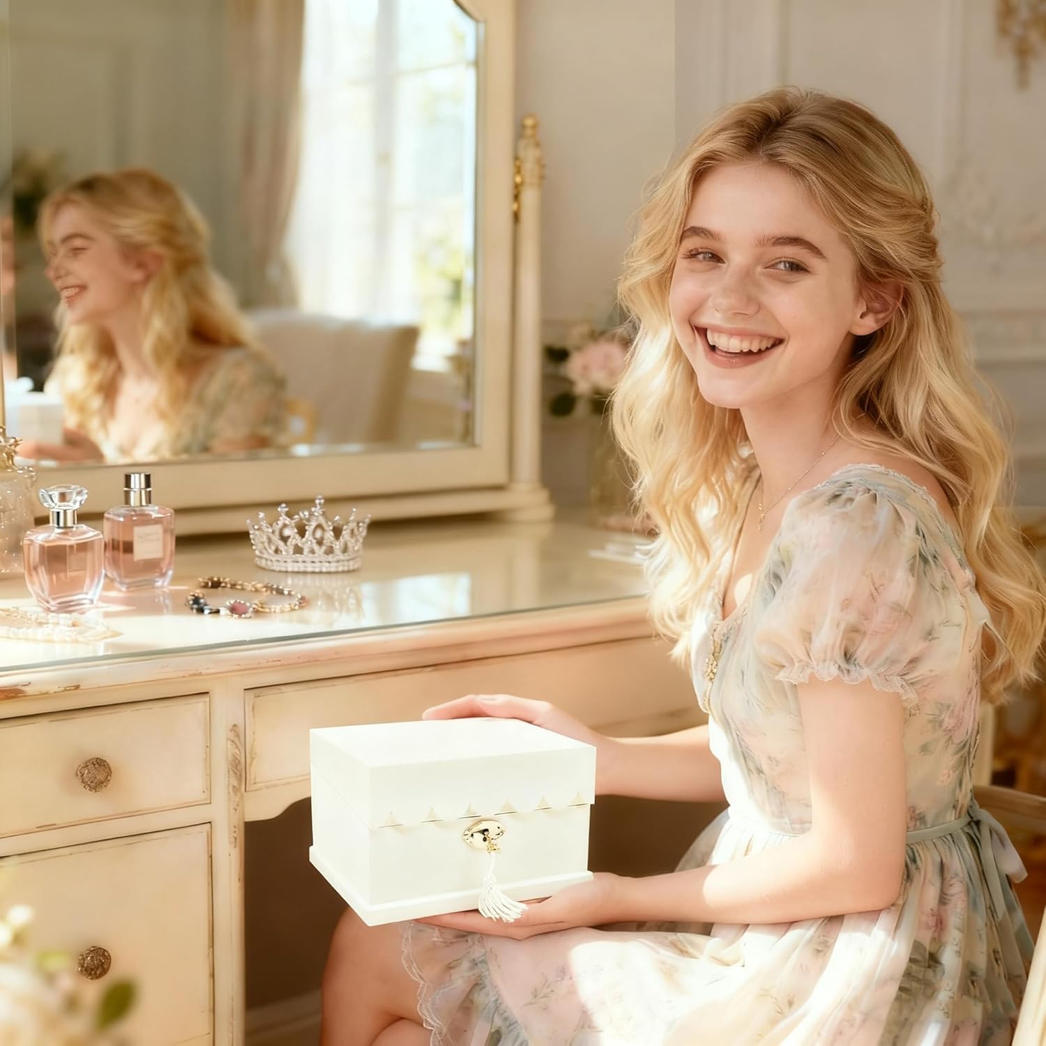 White Musical Ballerina Jewelry Box for Girls and Women - Kids Music Box with Spinning Ballerina,Mirror and Lock,Gifts for Christmas,Birthday,Valentine's Day-Medium