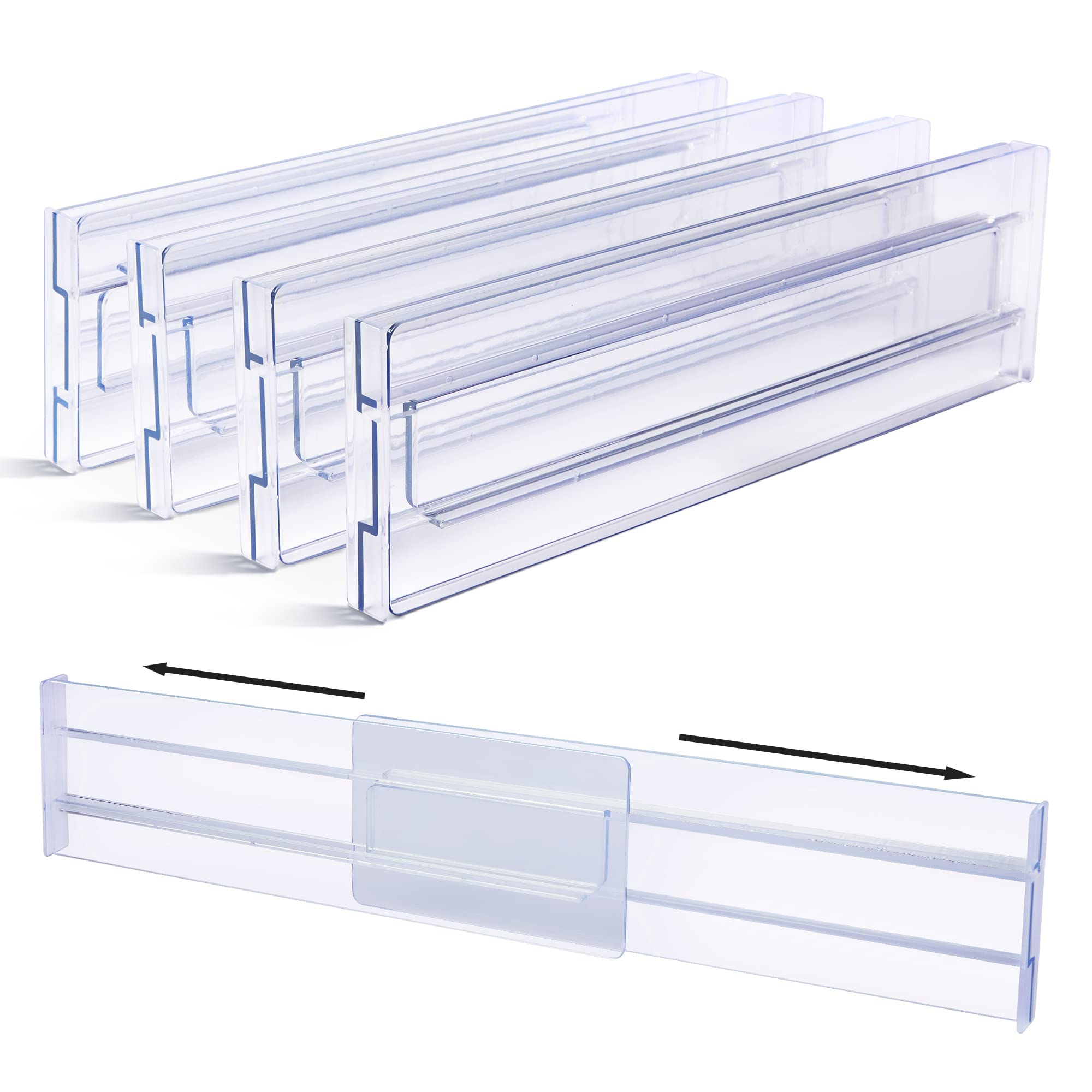 Vtopmart Drawer Dividers Organizers 4 Pack, Adjustable 3.2" High Expandable from 12.2-21.4" Kitchen Drawer Organizer, Clear Plastic Drawers Separators for Clothing, Installed by Double-sided Tape