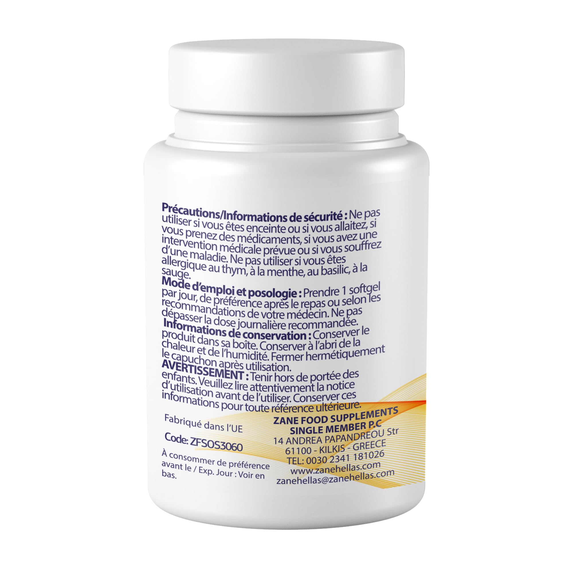 Zane Hellas Gélules d’huile d’origan. La concentration la plus élevée au monde. Chaque Softgel contient 30% d'huile essentielle grecque pure d'origan. 130 mg de carvacrol par softgel. 60 gélules.