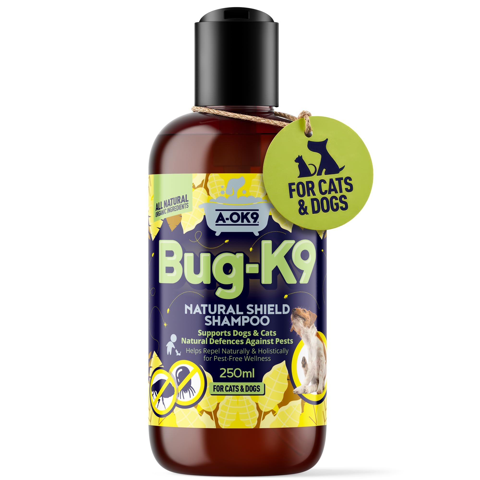 A-OK9 Natural Dog & Cat Shampoo 250ml | Flea & Tick Repellent - Lavender, Neem Oil & Eucalyptus | Dog Shampoo for Sensitive & Itchy Skin - Puppy Shampoo for All Dog & Cat Breeds | pH Balanced Vegan UK