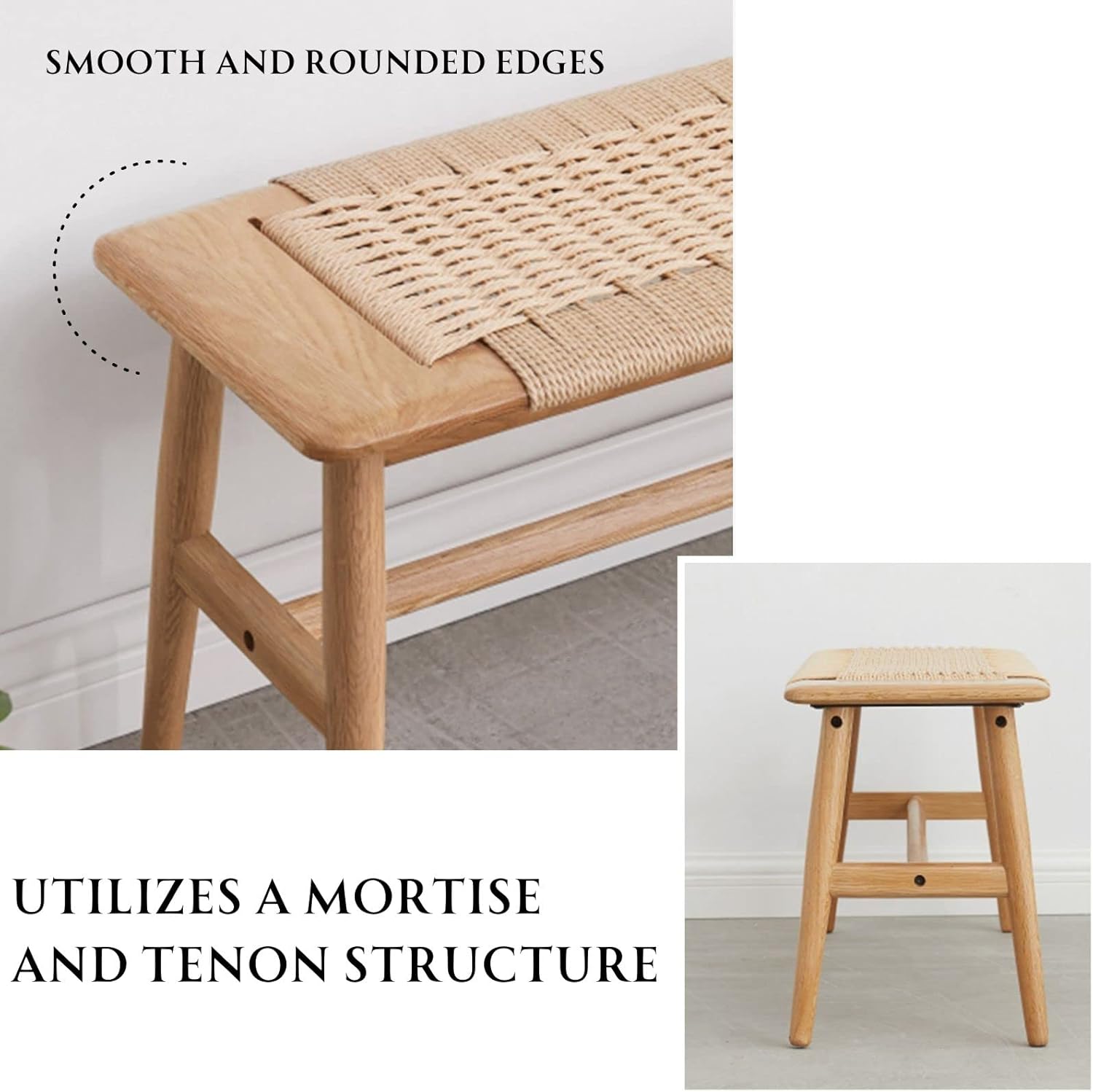 31.5'' Woven Dining Beach with 100% Solid Oak Wood Bench Frame, Hand Knitted Rope Designed Bed End Shoe Bench for Kitchen Bedroom Entryway, Beige