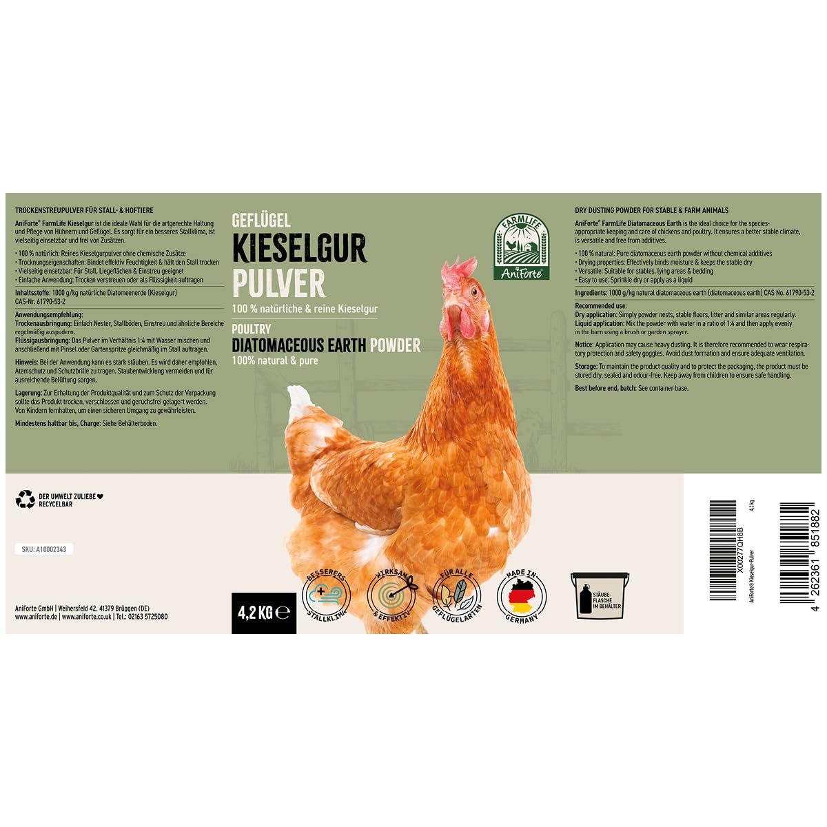AniForte Kieselgur für Hühner 4,2kg inkl. Stäubeflasche - Reines Kieselgur Hühner Pulver, Kieselerde Pulver, Naturprodukt für Hühnerstall, Laborgeprüft für Geflügel Betriebe