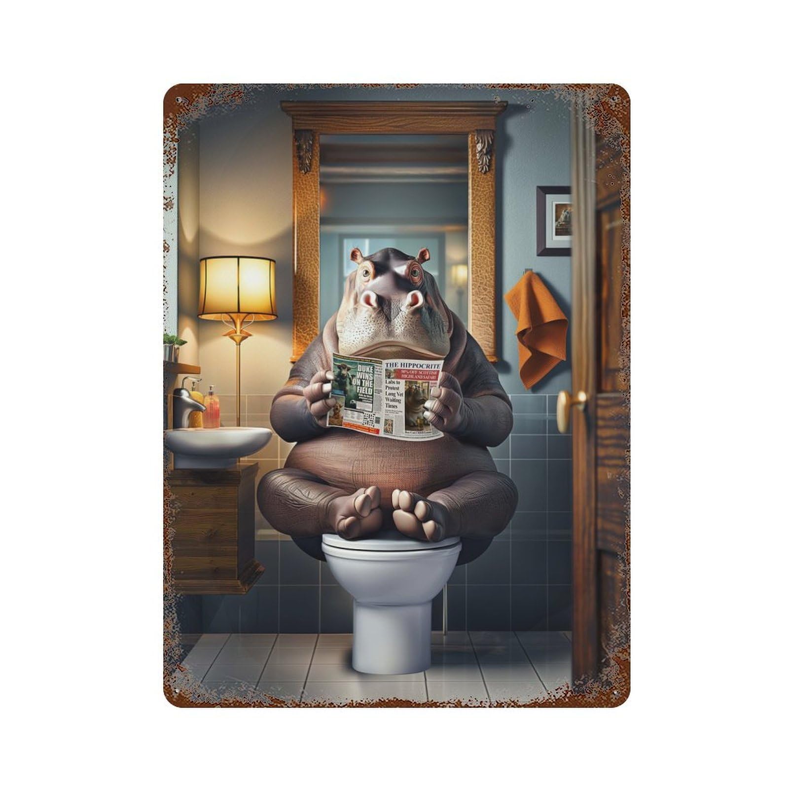 Vintage Metal Tin Sign Hippo on The Toilet 15.7"x11.8", Industrial Home Decor for Farmhouse, Kitchen And Entryway Decor