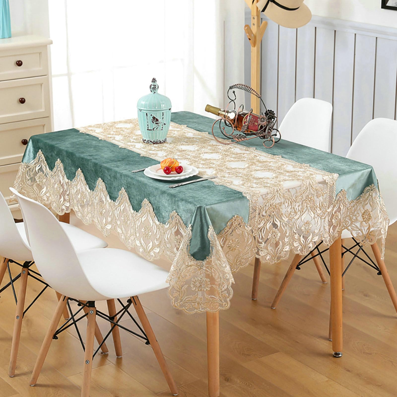 Tischdecke Abwaschbar 180x300 cm, Spitze Blume Stickerei - Samt