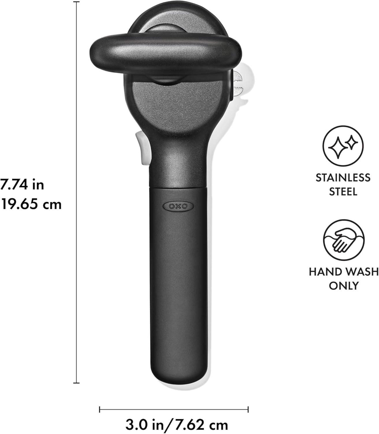 OXO Good Grips Smooth Edge Can Opener with dimensions, indicating stainless steel and hand wash only.