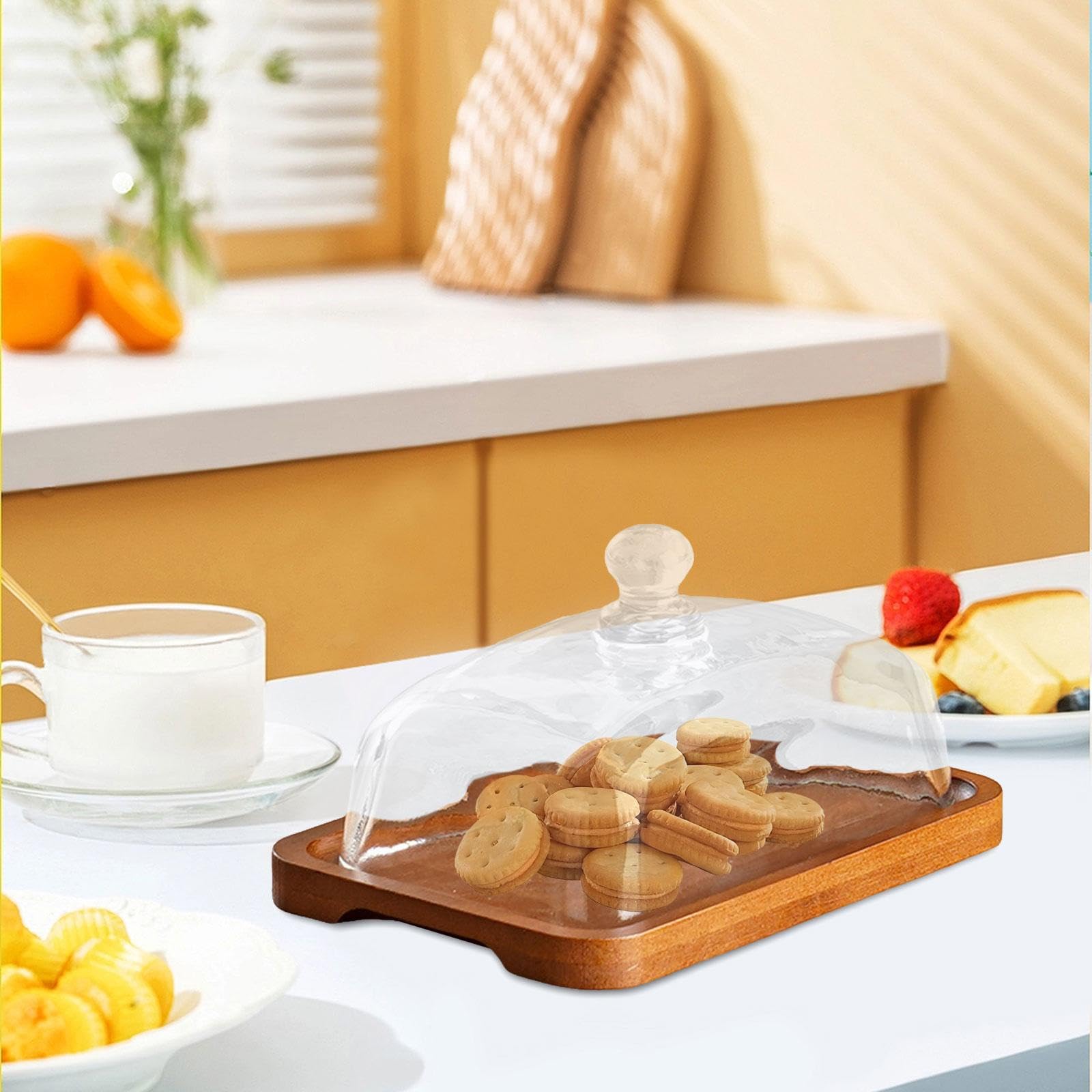 Holz Kuchenständer Glas Haube Käseteller Servierplatte Gebäck Tablett Aus Holz mit Einzigartigem Design für Party Hochzeit Küchen Appetithä, Dunkle Holzfarbe