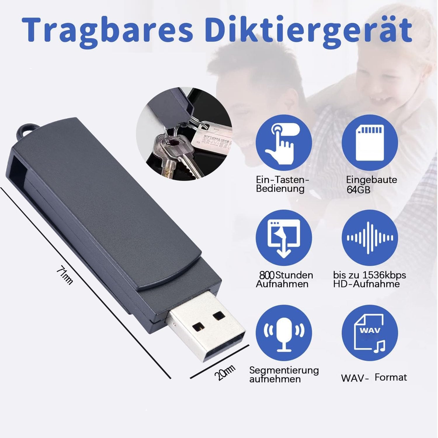 64GB Grabadora de Voz Digital USB, Grabadora Portátil Grabador de Audio por Voz con Batería Recargable para Reuniones, Entrevistas, Conferencias.