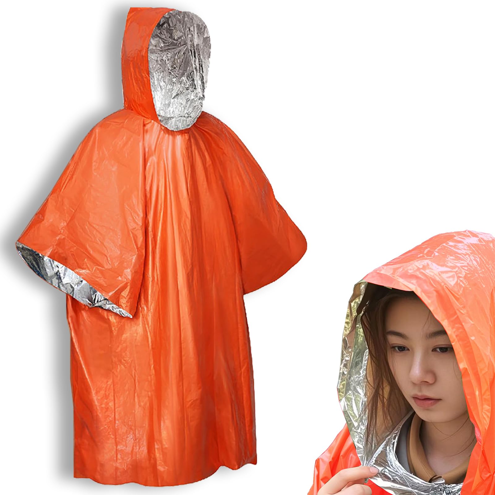LPSJSFSS Plus Size Emergency Survival Thermal Poncho, Mylar Liner - Retains 92% Body Heat, Reversible, Waterproof, Windproof, Portable, Hands-Free, Outdoor Kit, Hiking, Camping (Orange)