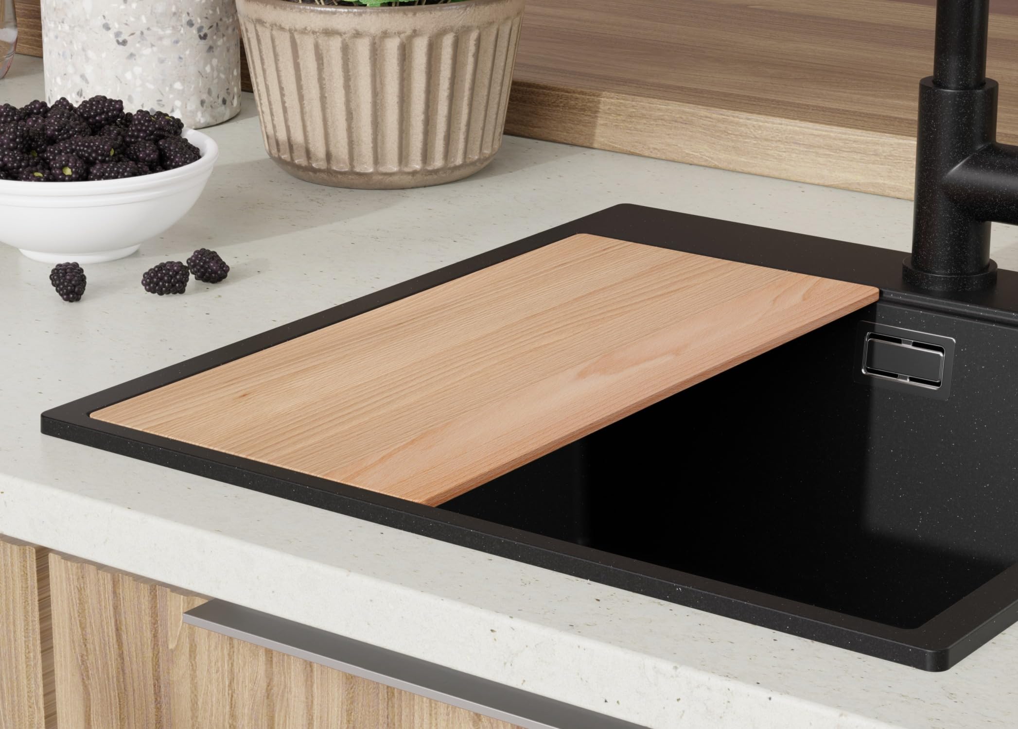 PRIMAGRAN Fregadero Cocina Negro Metallic - Oslo Top, 48x50cm | Granito 1 Seno + Zuberhor-Set, sobre Encimera al Mueble 50cm (S296)