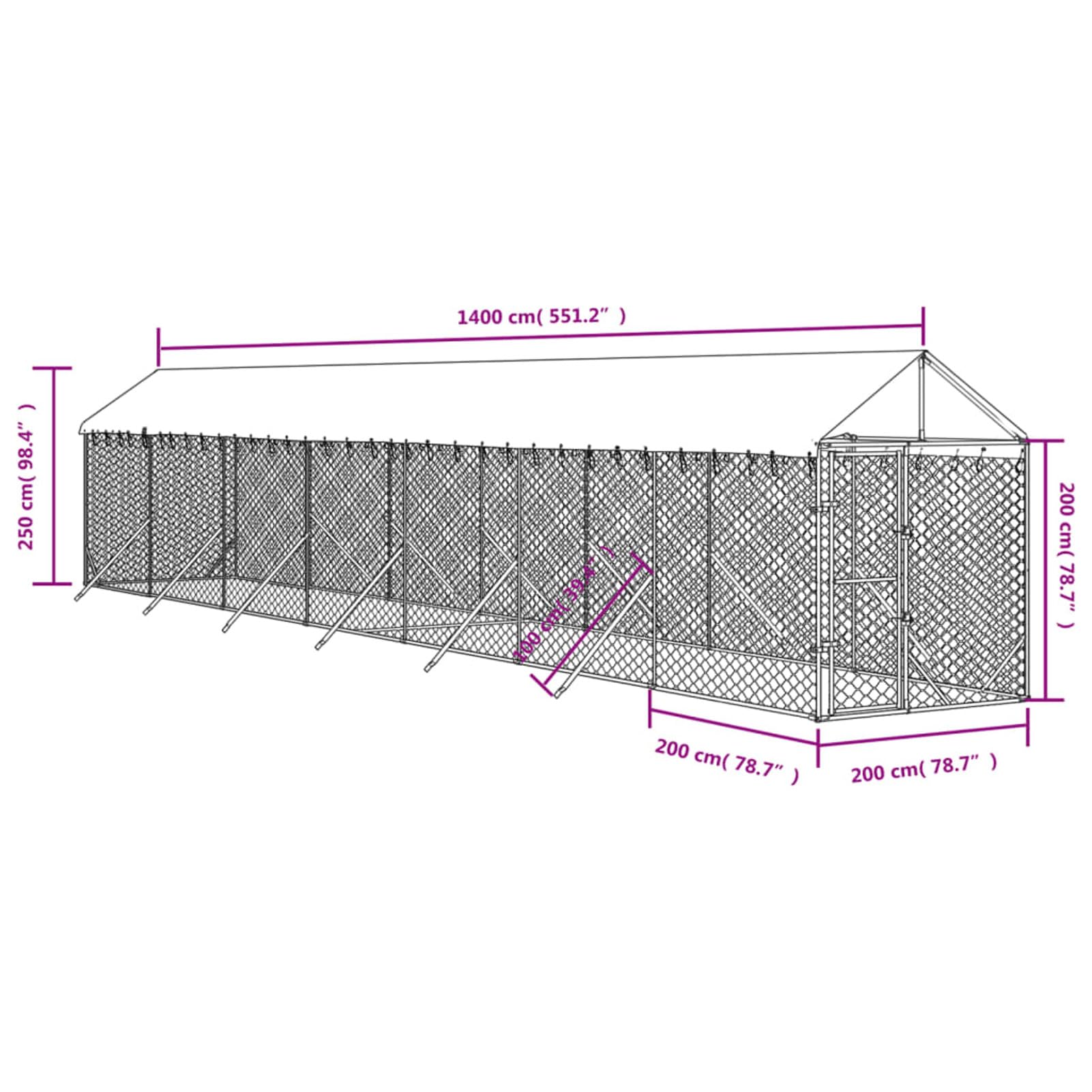 Klatka dla psa z dachem Kennel dla psa na zewnątrz ogrodzenie dla psa ocynkowana stalowa siatka kojec dla zwierząt z zamkiem drzwiowym-2 x 14 x 2,5 m
