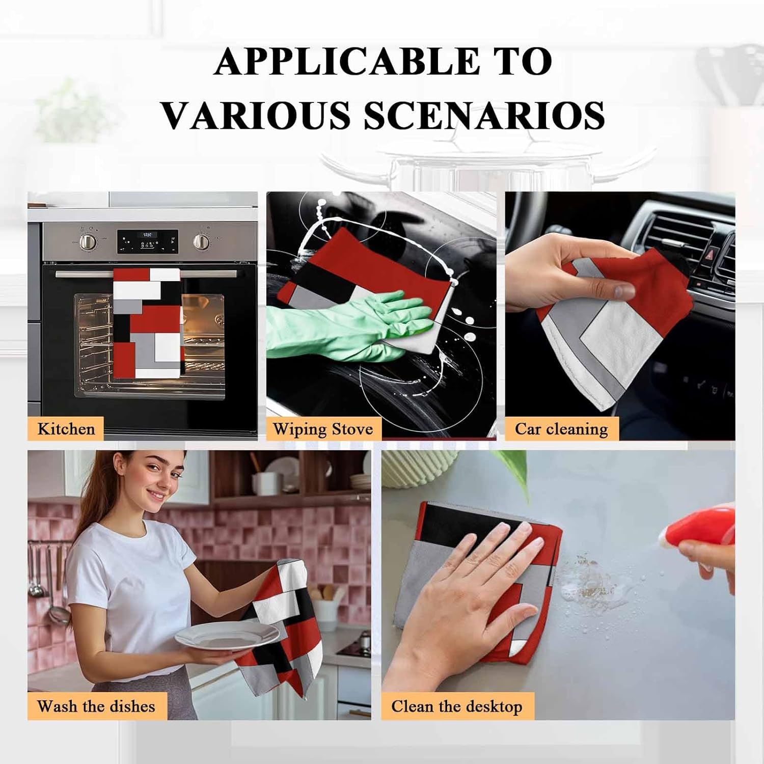 2 Packs Kitchen Towels and Dishcloths Sets, White Grey Black Red Abstract Irregular Geometric 18 x28 Inch Cotton Dish Towel, Absorbent Quick Drying Hand Towels for Living Room Kitchen Decor Tea Towel