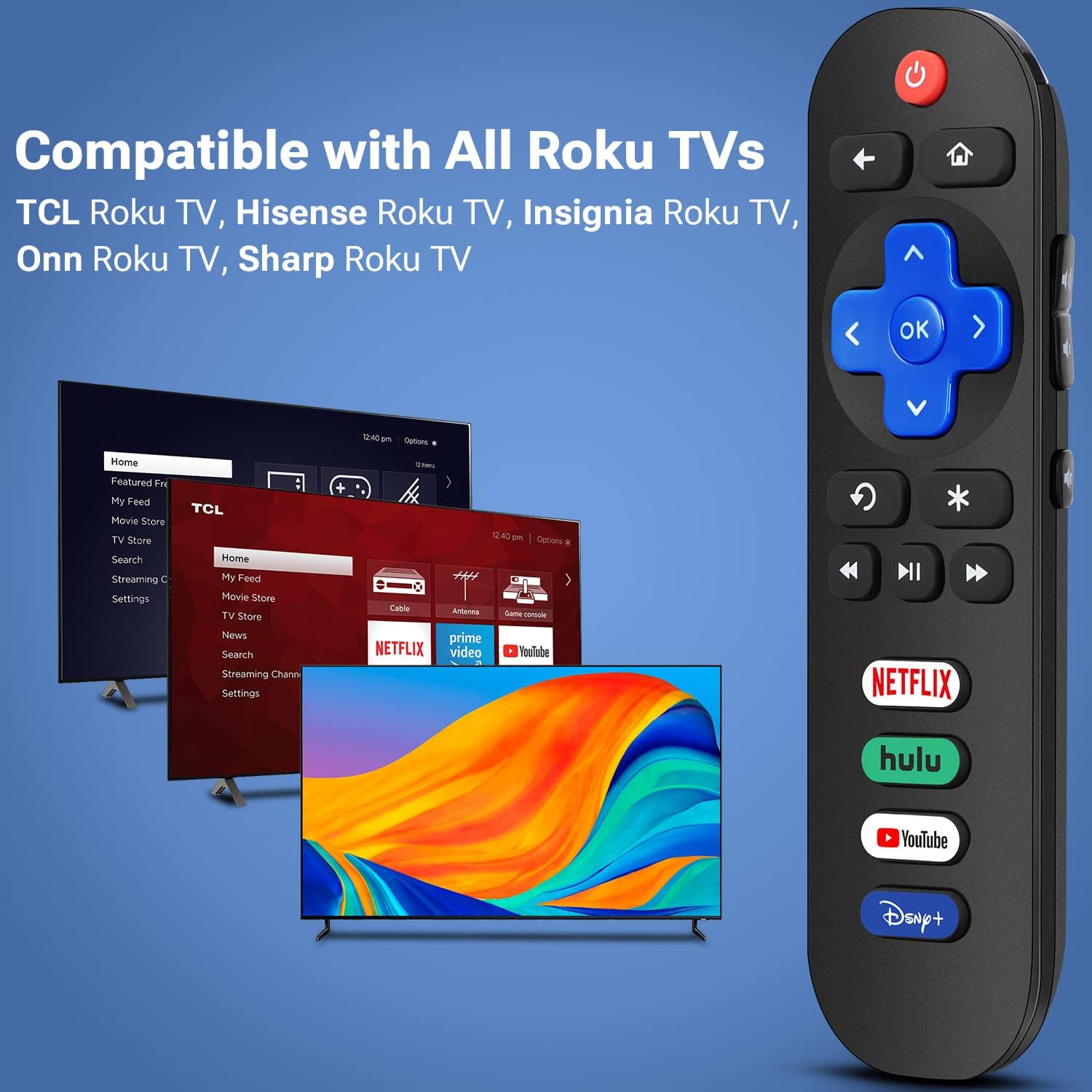 Gvirtue Remote Control Replacement for All Roku TV, Compatible for TCL, Hisense, Sharp, Insignia, ONN, Element, Westinghouse, Philips Roku Series Smart TVs, with Netflix, Hulu, YouTube, Disney+