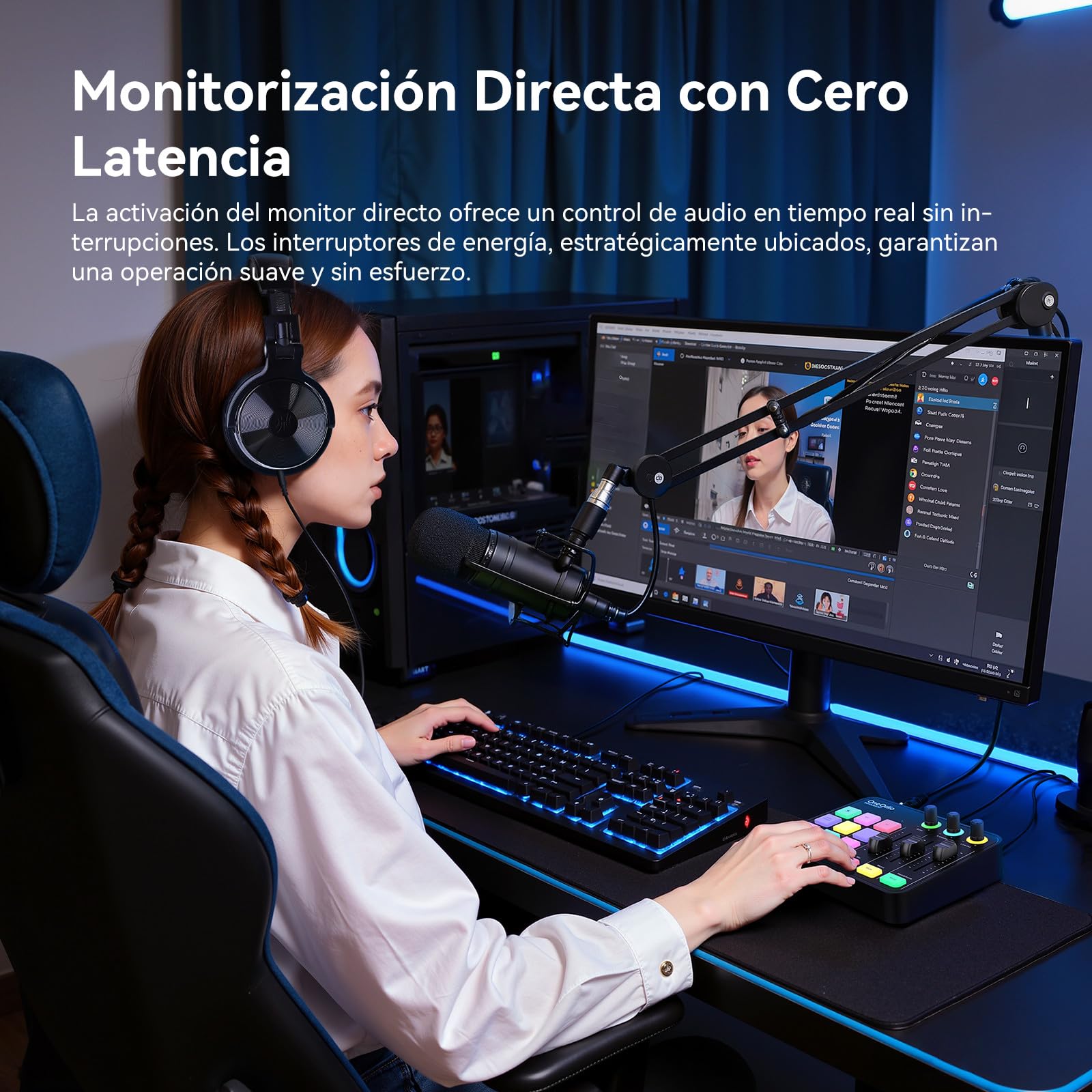 OneOdio Solocaster Mezclador de Audio para Gaming - Interfaz de 5 Canales con Alimentación Fantasma 48V, Bluetooth, Iluminación RGB, 3.5mm/XLR/USB-C, para Streaming/Podcast/Karaoke en PC, Mac y Móvil