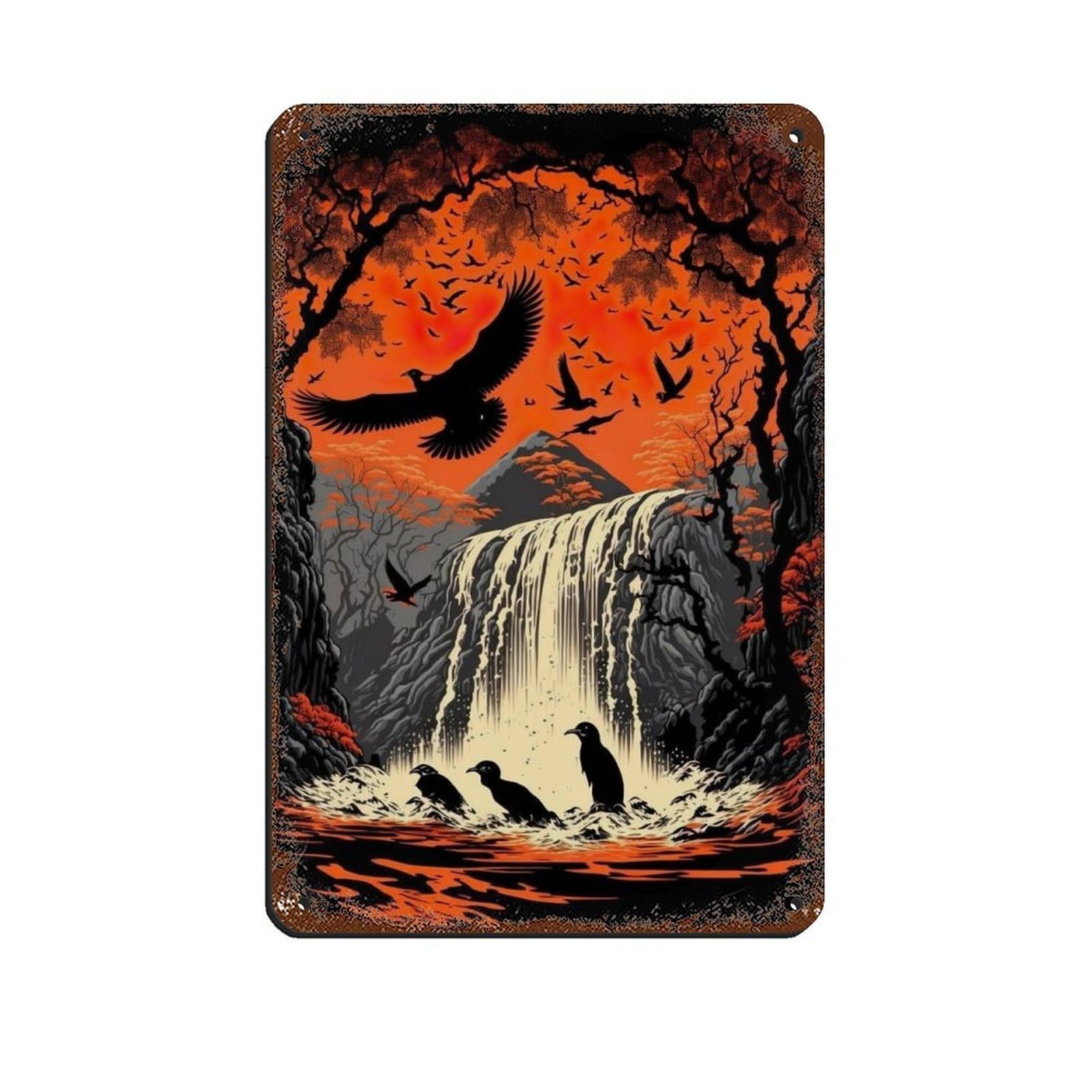 Lxwnze 20L X 30W Cm Birds By The Waterfall,Ukiyo-E Art Poster Retro Poster Metal Tin Sign Chic Art Retro Iron Painting Bar People Cave Cafe Family Garage Poster Wall Decoration 8X12inch(20X30cm)