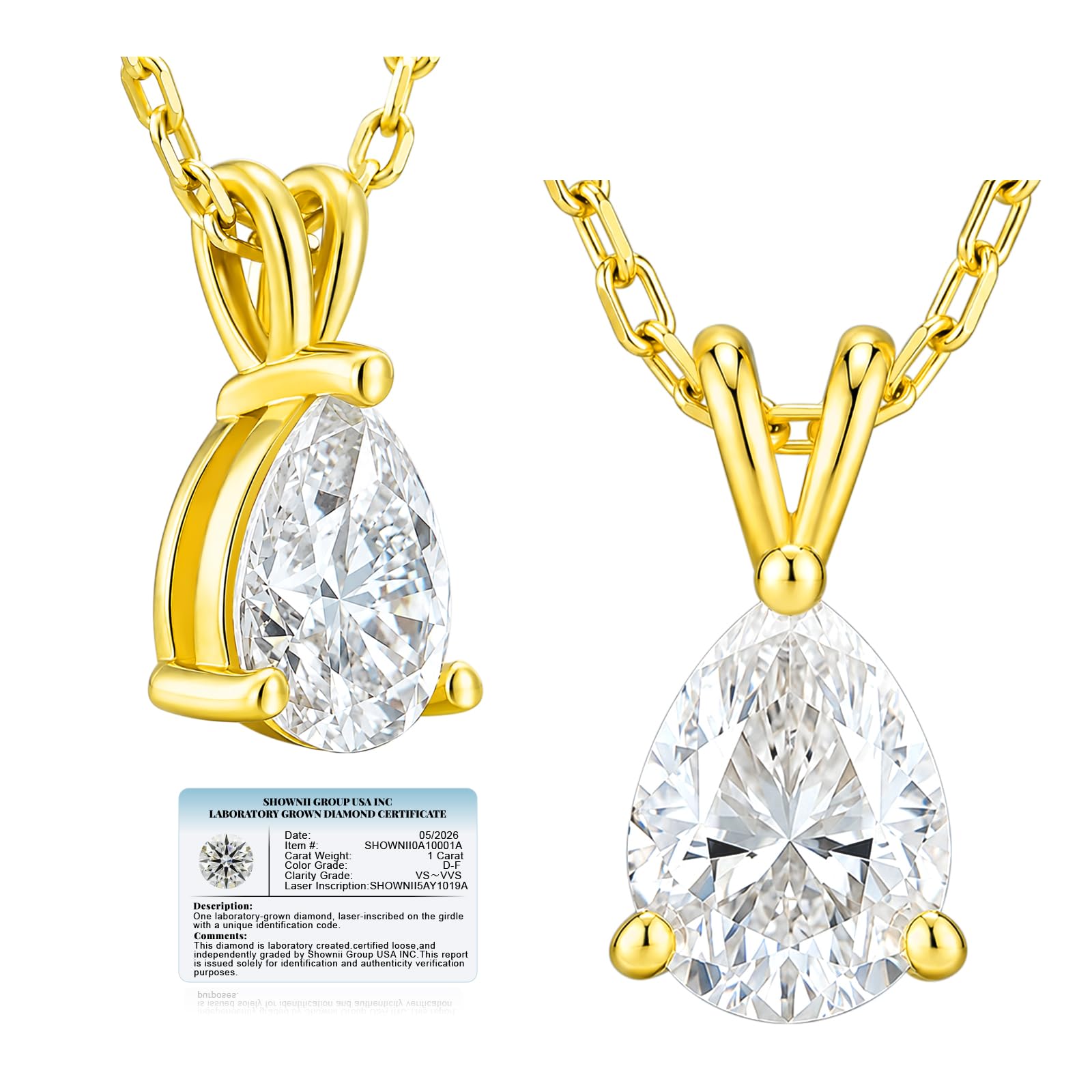 shownii LAB GROWN Diamond 1CT Pear Cut Pendant Necklaces for Women