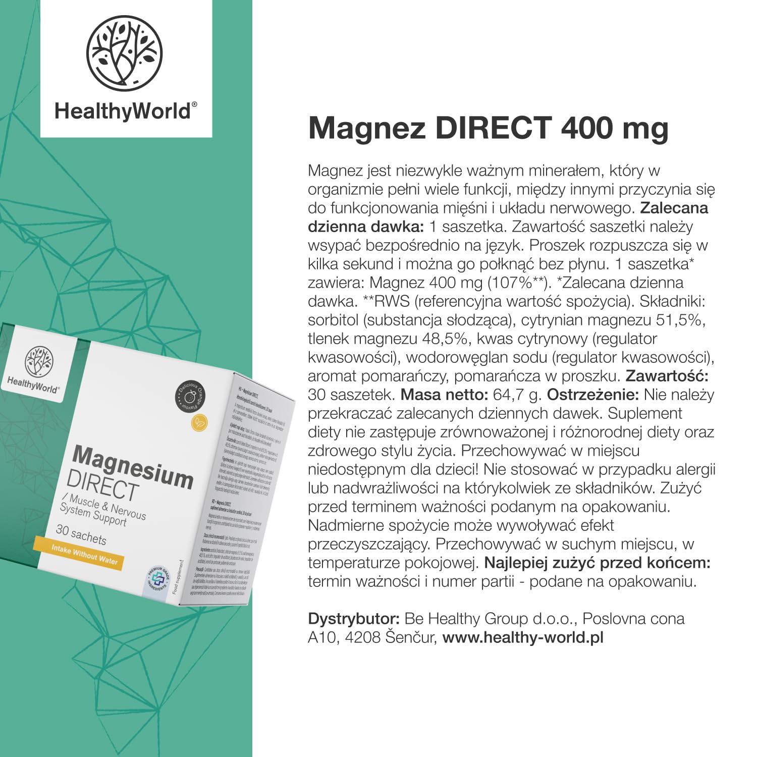 HealthyWorld Magnez DIRECT – 400 mg – Smak pomarańczy – 30 saszetek – Cytrynian + tlenek – Optymalne wchłanianie – Wsparcie dla mięśni i układu nerwowego – Zwiększenie energii