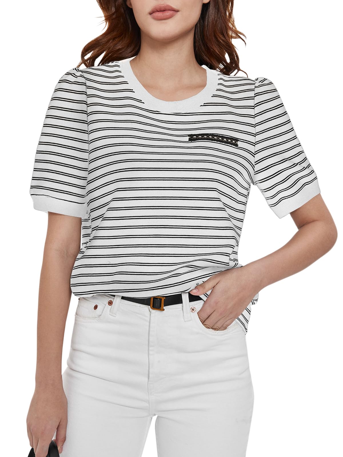 Photo 1 of **MEDIUM**
Womens Striped Short Sleeve Shirts Crew Neck Summer Casual Loose Fit Basic Tee Tops
