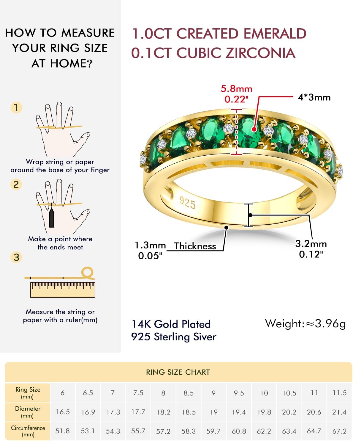 DAYBYDAY Oval Band Rings for Women, 925 Sterling Silver/14k Gold Plated Half Eternity Ring, Aquamarine/Ruby/Emerald/Sapphire Birthstone Rings, Thick Band Gemstone Anniversary Ring Size 6 to 10 - Image 6