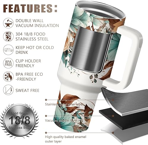 Miniatura 2 de Vaso de viaje floral de acero inoxidable de 40 onzas con asa, taza aislada al vacío de doble pared con tapa y popote