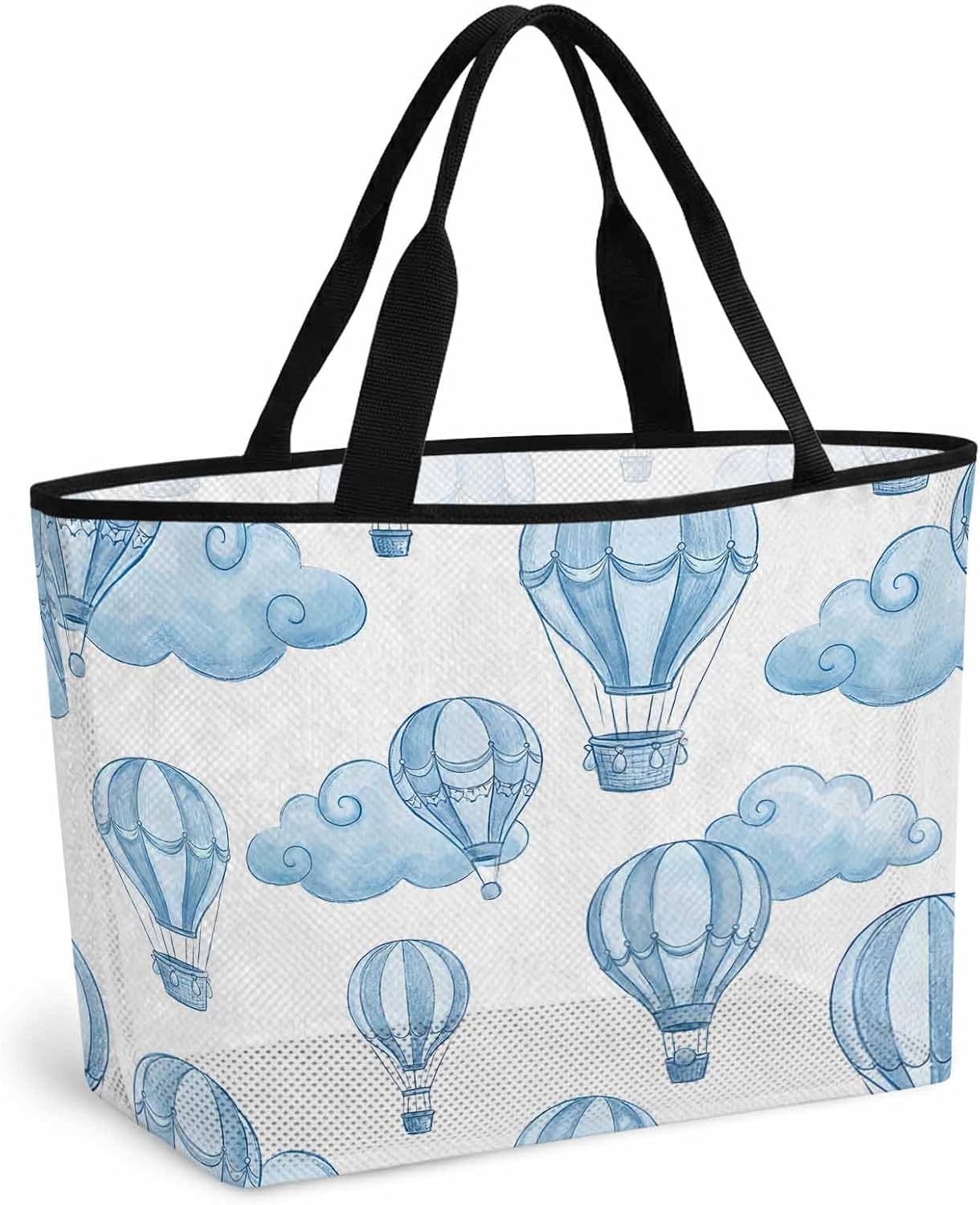 Purple Blue Hot Air Balloon Mesh Beach Bag Large, Modern Balloon Float Clouds Sandproof Beach Tote for Towels Toys Pool