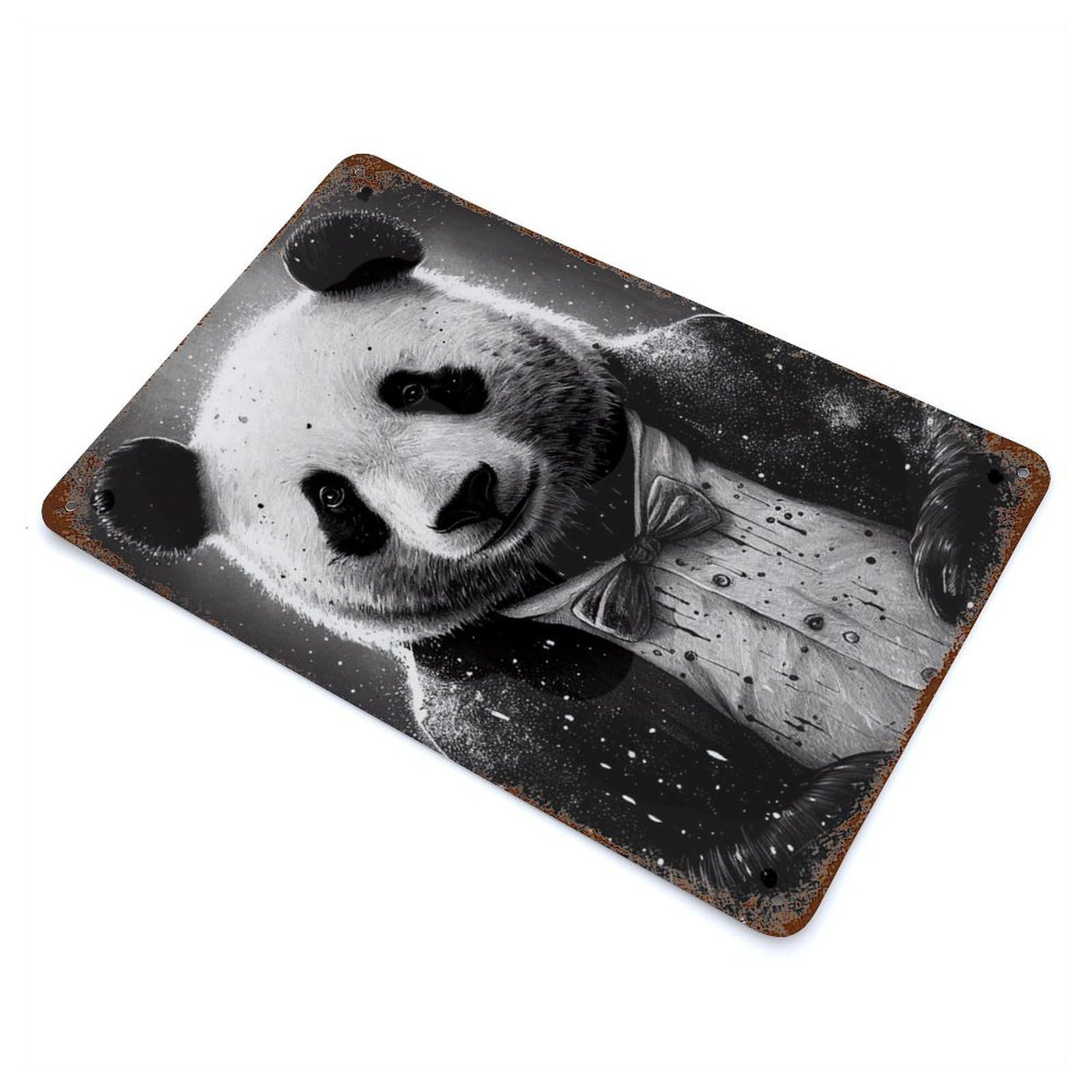 Weathered Tin Sign with Panda Smoking Drawing Design 11.8"x7.9", for Garage, Bar And Workshop Decor, Decorative Metal Wall Art