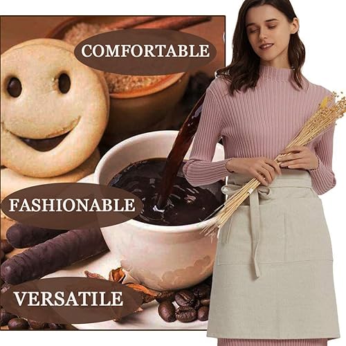 Miniatura 5 de Cityelf Delantal de lino para servir bistró de algodón, con bolsillos grandes, delantal de cocina para cocinar, para camarera