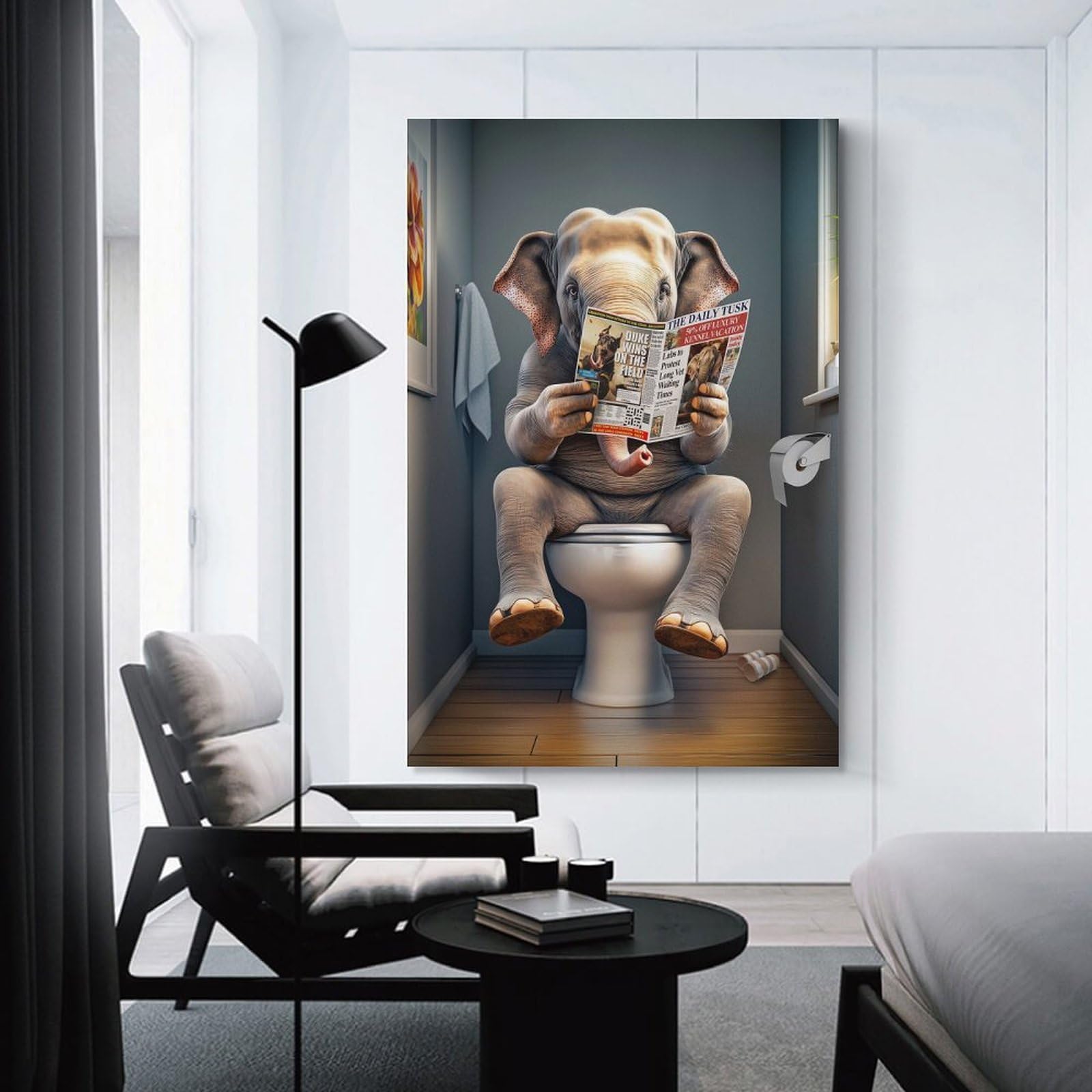 Junmoney Unframe-Style Elephant On The Toilet Canvas Wall Art 16X24inch(40X60cm), For Workspace Walls, Study Corners Or Bedrooms, Wall Art That Adds Style To Work Areas