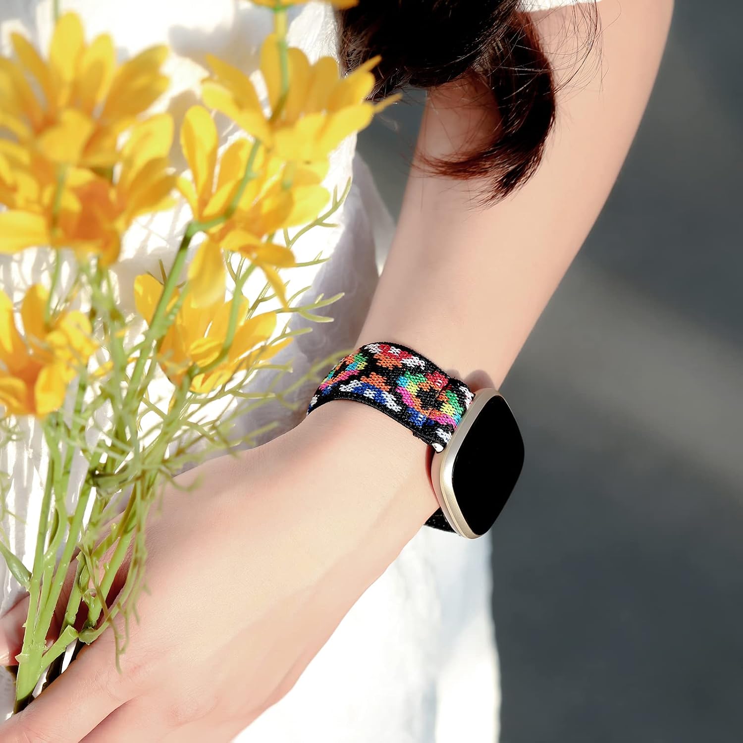 Witzon Compatible with Fitbit Versa 3 Bands / Fitbit Sense Band for Men, Women, Floral Adjustable Stretchy Strap Fabric Nylon Elastic Wristband for Fitbit Sense / Versa 3 Smart Watch, Colorful Aztec