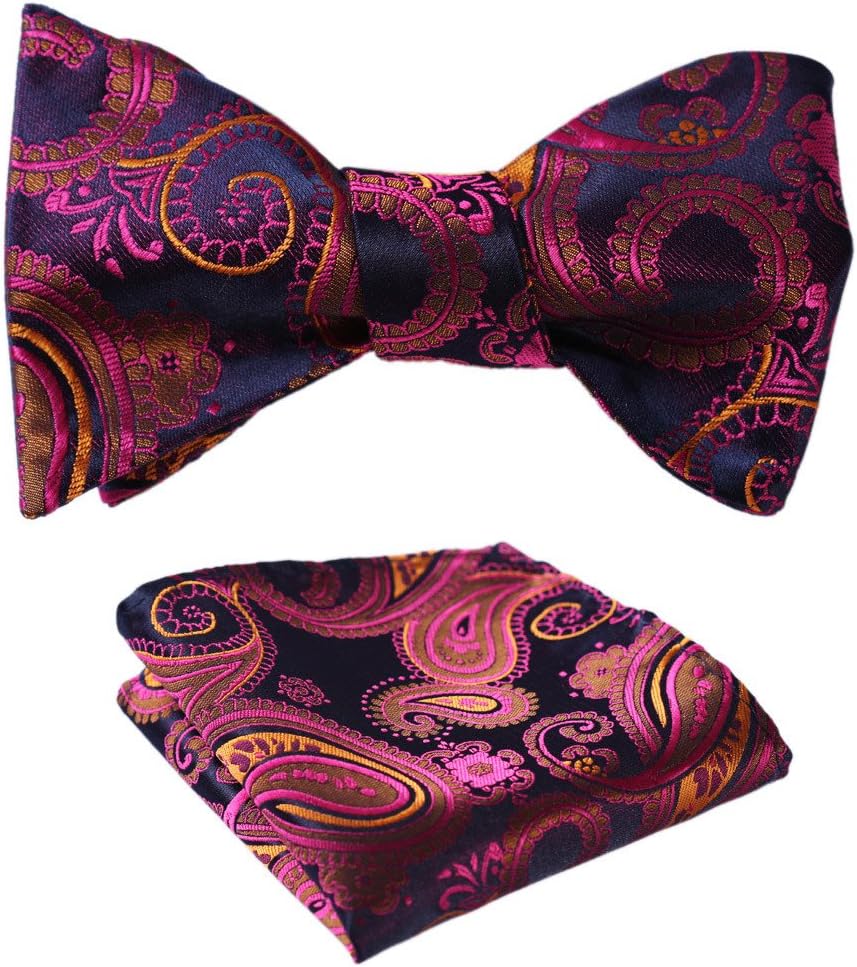 SetSense Men's Paisley Jacquard Woven Self Bow Tie Set One Size Navy Blue / Pink / Orange