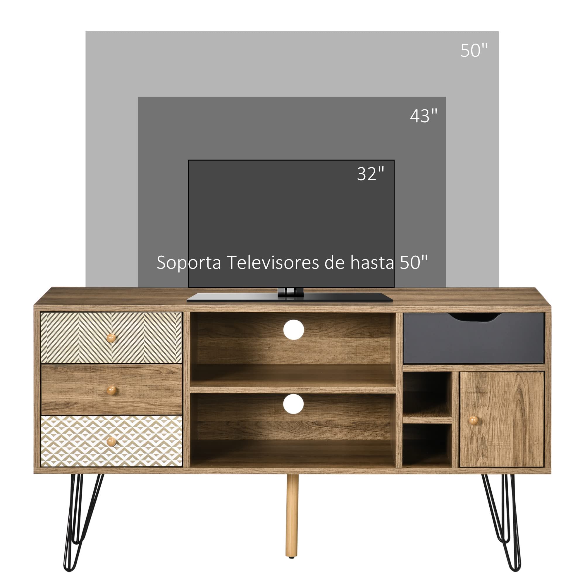 HOMCOM Mueble de TV con Estantes de Almacenamiento 4 Cajones y Patas de Metal Mesa para TV de Salón para Televisores de hasta 50 Pulgadas para Dormitorio 120x39x64 cm Marrón