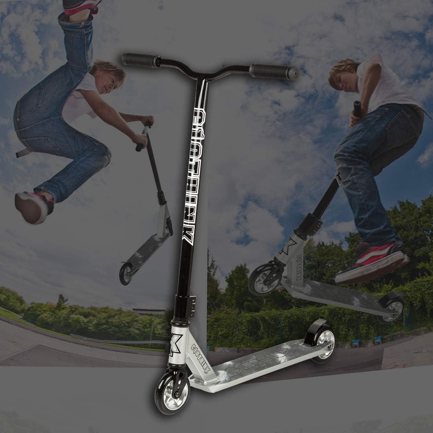Choies Record Your Inspired Fashion Pro Stunt Kick Scooter Trick Scooter Beginner Stunt Scooters Freestyle Kick Scooters for Kids 8 Years and Up, Boys, Children, Teens,110mm Wheels Black-Silver
