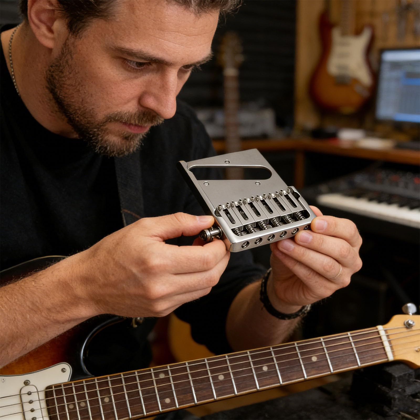 Innovador puente de guitarra para instrumentos de cuerda con sillines de latón ajustables y estabilidad de afinación, puente de guitarra moderno