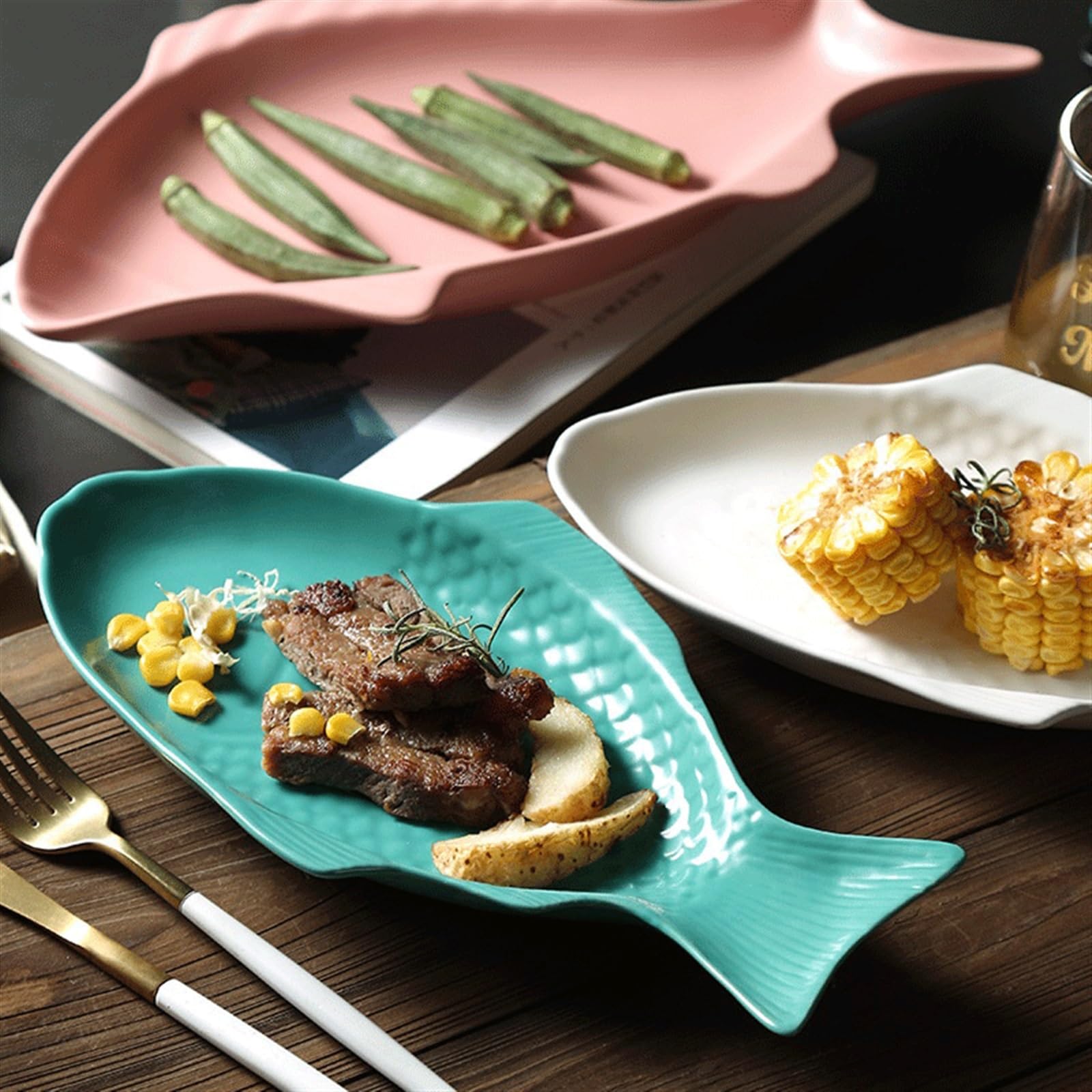 Talerz Nieregularny talerz ceramiczny w kształcie ryby Prostokątny rybny gotowany na parze Ceramiczny obiadowy Rodzinny do jadalni dla restauracji hotelowej(Green)
