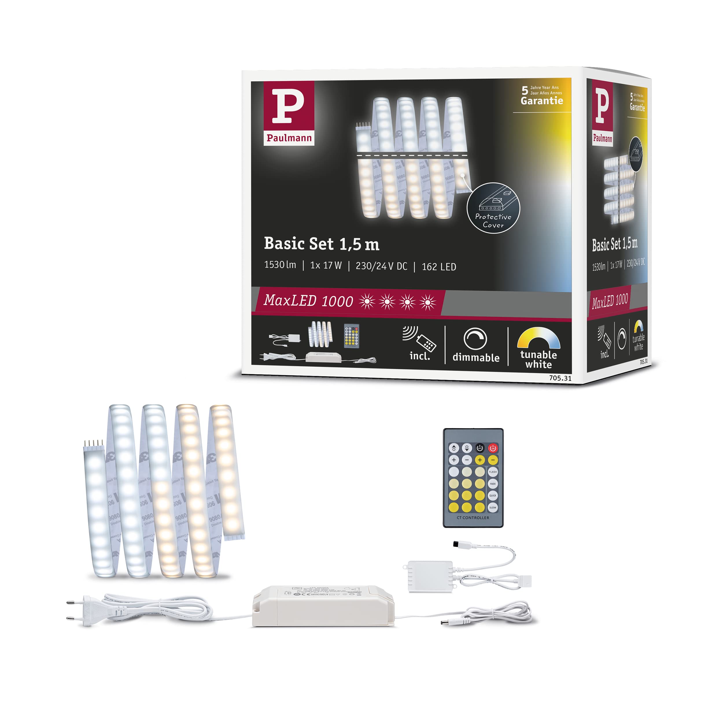 Paulmann 70531 MaxLED 1000 LED Strip Tunable White Basisset IP44 17W 1020lm/m dimmbar 1,5m Silber Kunststoff 108LEDs/m