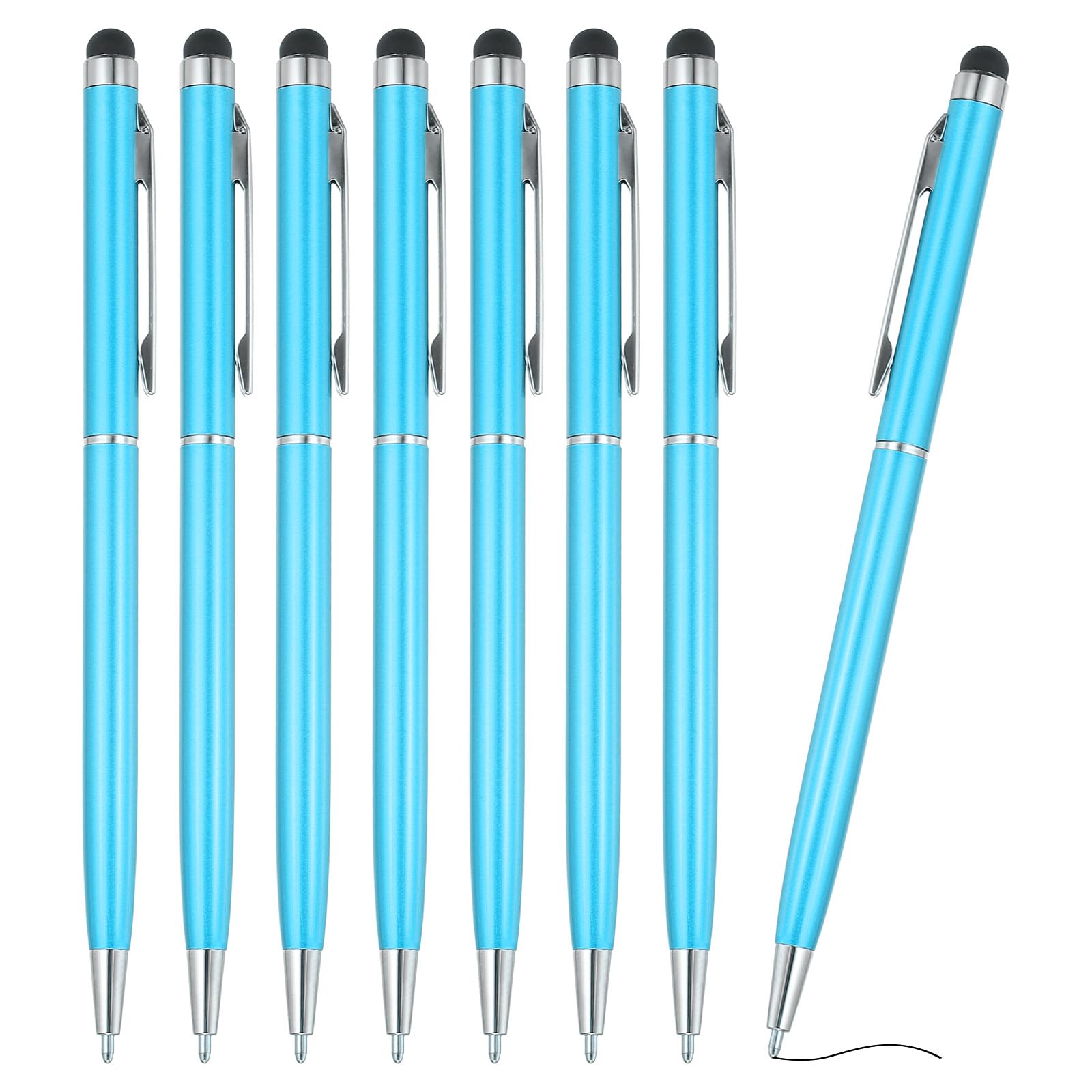 PATIKIL Ballpoint Pen with Stylus Tip, 8Pcs 2 in 1 Slim Metal Black Ink 1.0mm Medium Point Stylus Pen for Touch Screens Office Desk, Light Blue