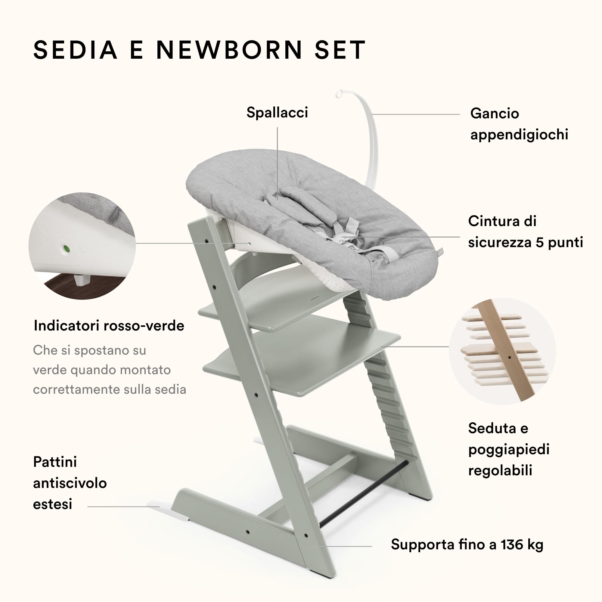 Sedia Stokke Tripp Trapp con Newborn Set e Baby Set, Glacier Green - Design sicuro, regolabile ed ergonomico